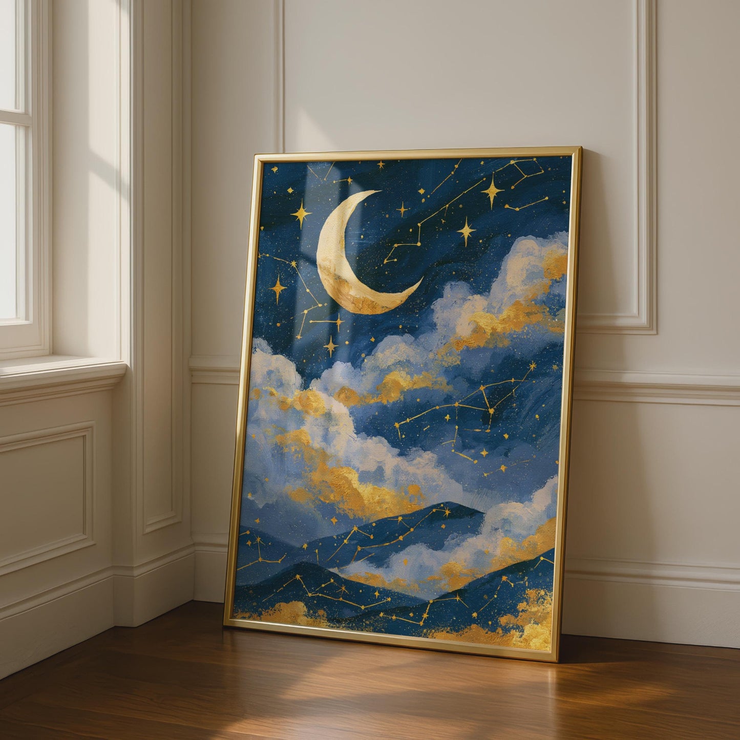 Moon and Stars Wall Art, Celestial Poster, Night Sky Decor, Constellations Print, Botanical Art,