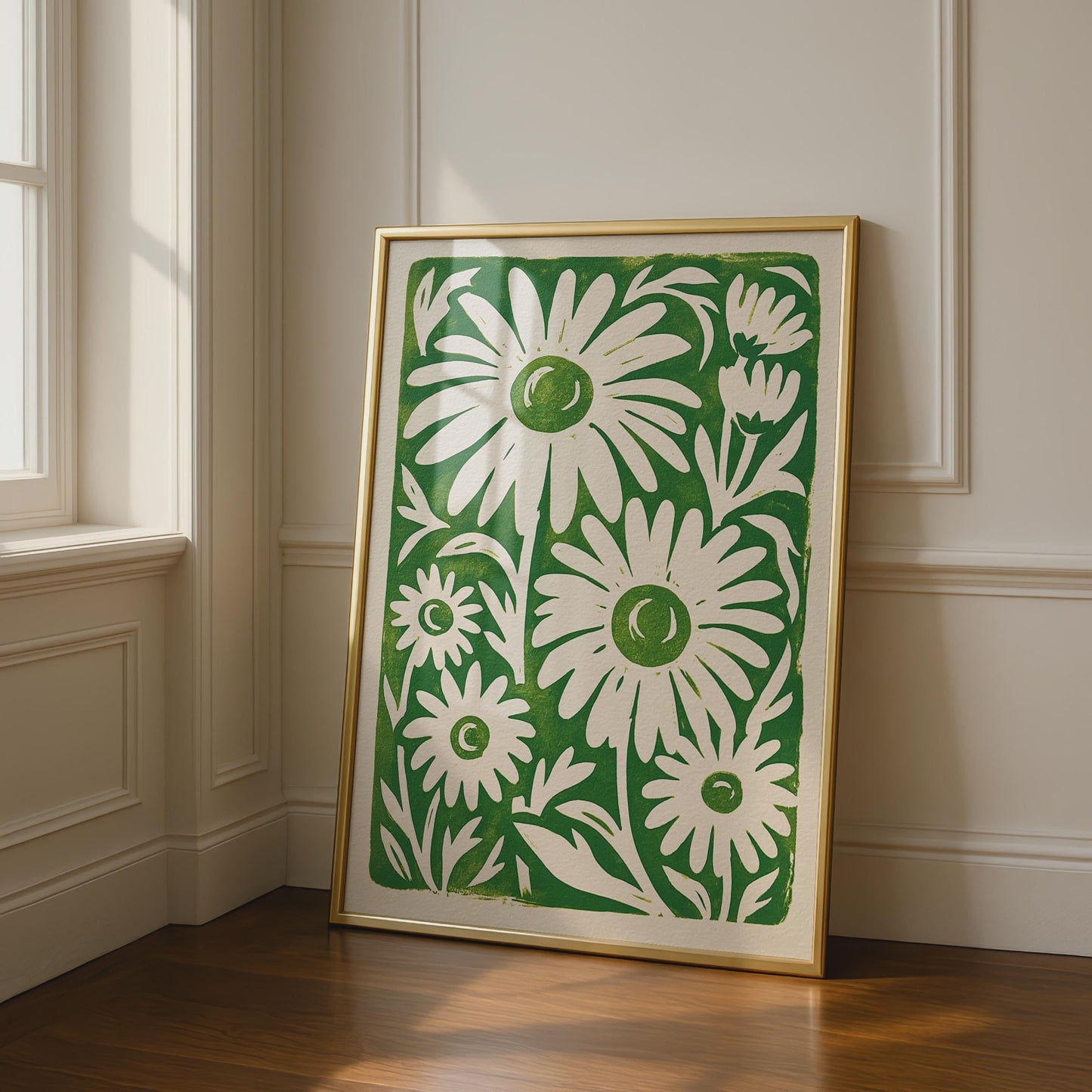 Green Daisy Linocut Print, Floral Wall Art, Botanical Decor, Handmade Print, Nature Poster, Home