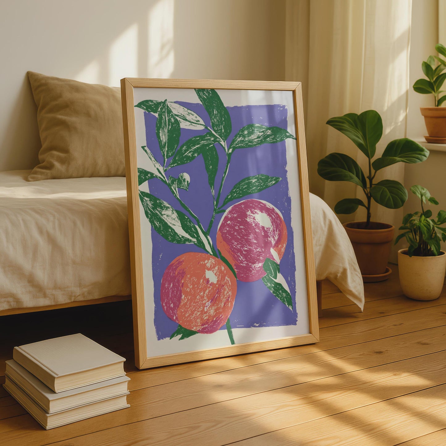 Peach Fruit Botanical Poster, Linocut Style Wall Art, Purple Green Kitchen Print