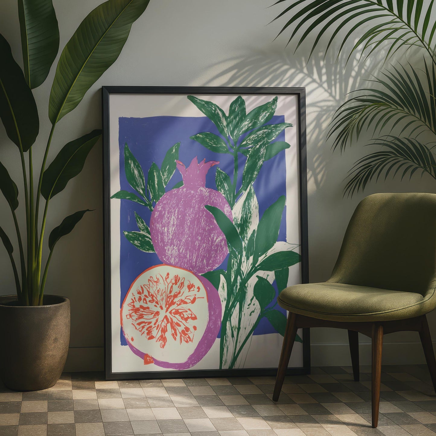 Pomegranate Botanical Art Print, Bold Fruit Wall Art, Blue Green Kitchen Poster