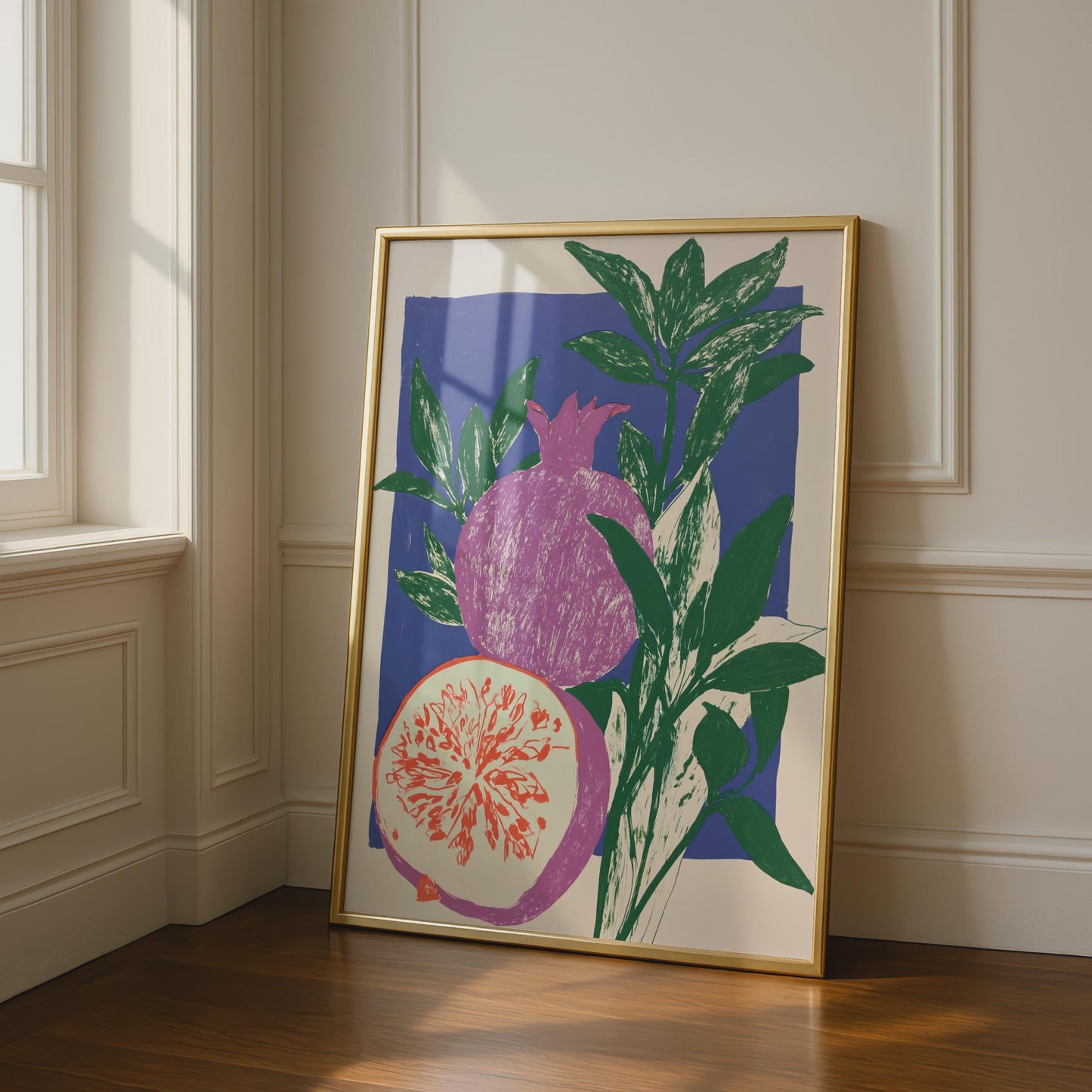 Pomegranate Botanical Art Print, Bold Fruit Wall Art, Blue Green Kitchen Poster