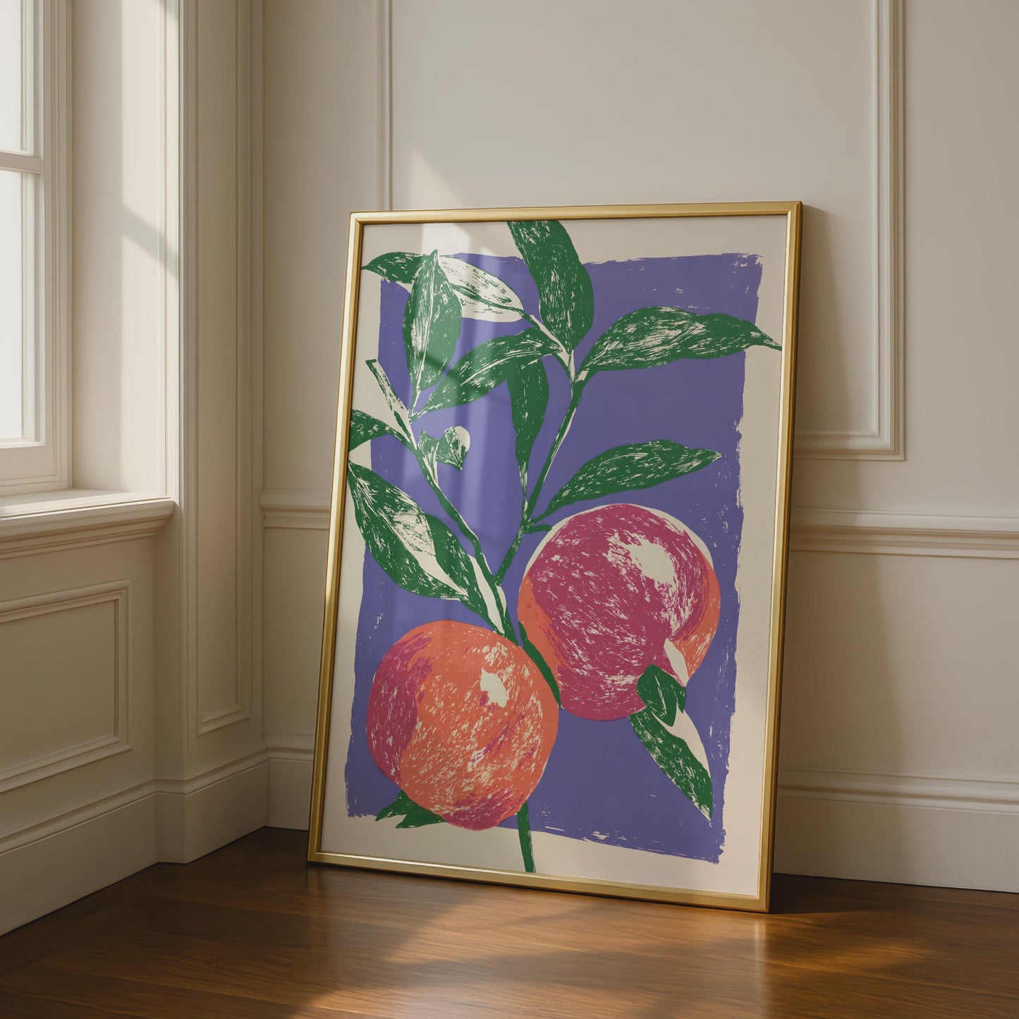 Peach Fruit Botanical Poster, Linocut Style Wall Art, Purple Green Kitchen Print
