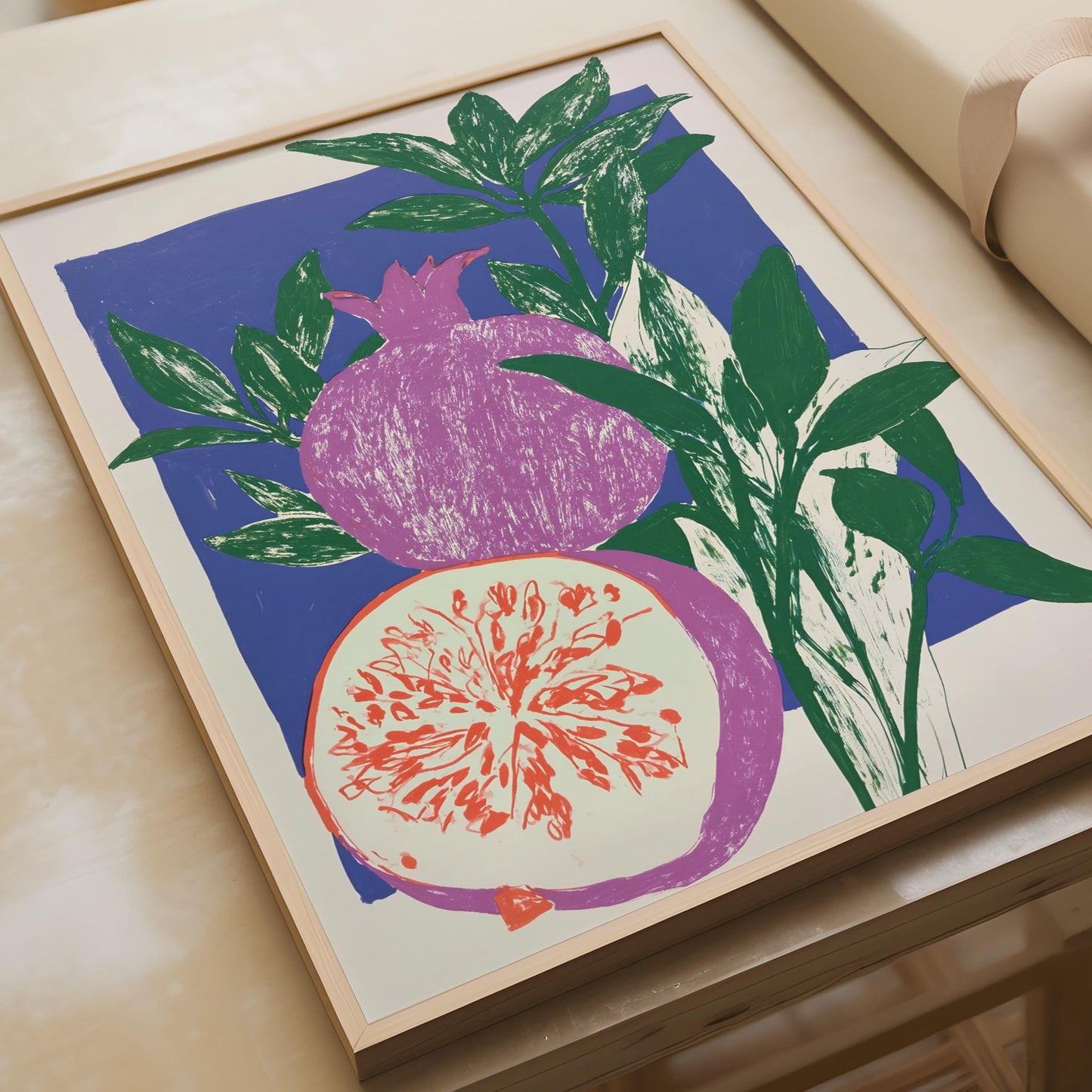 Pomegranate Botanical Art Print, Bold Fruit Wall Art, Blue Green Kitchen Poster