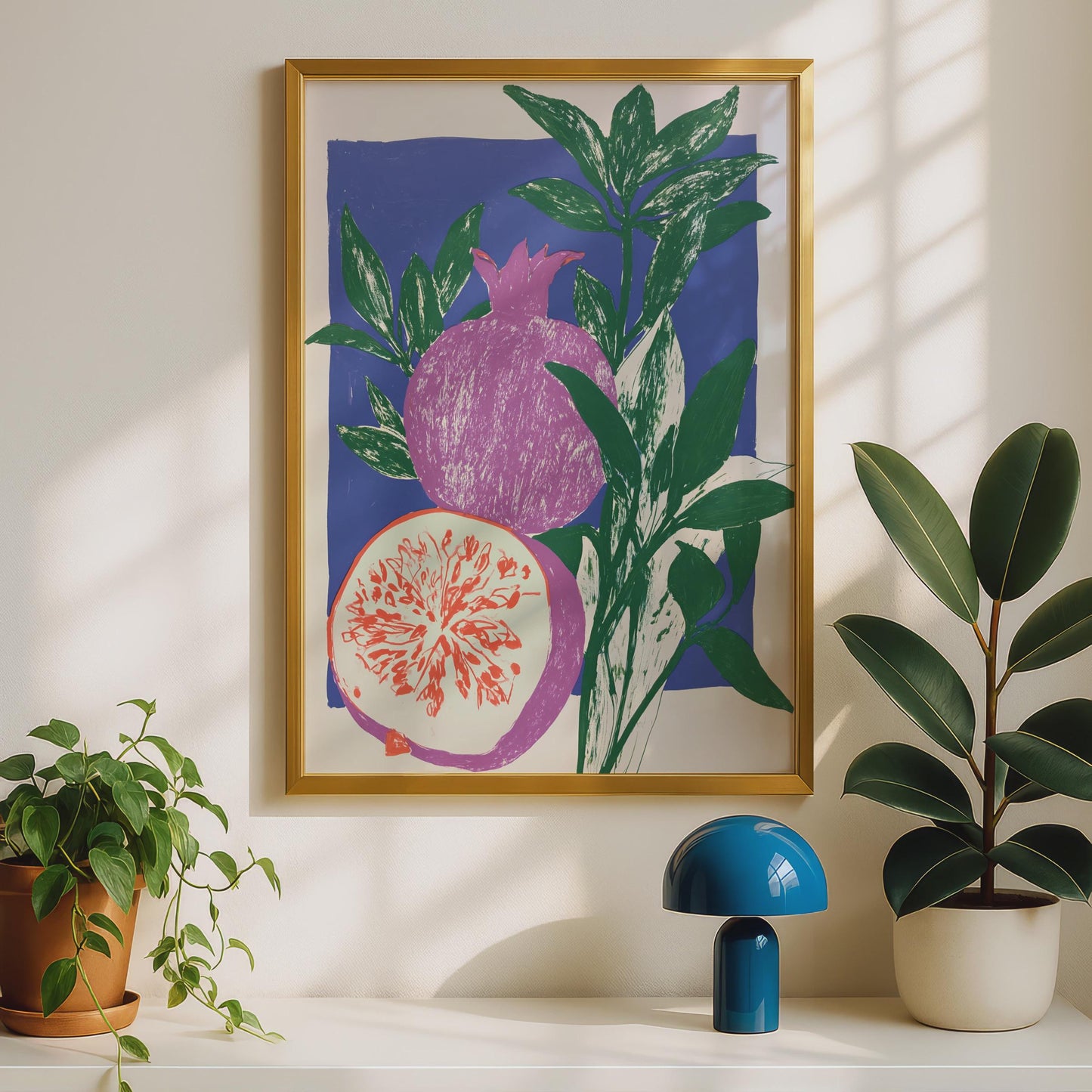 Pomegranate Botanical Art Print, Bold Fruit Wall Art, Blue Green Kitchen Poster