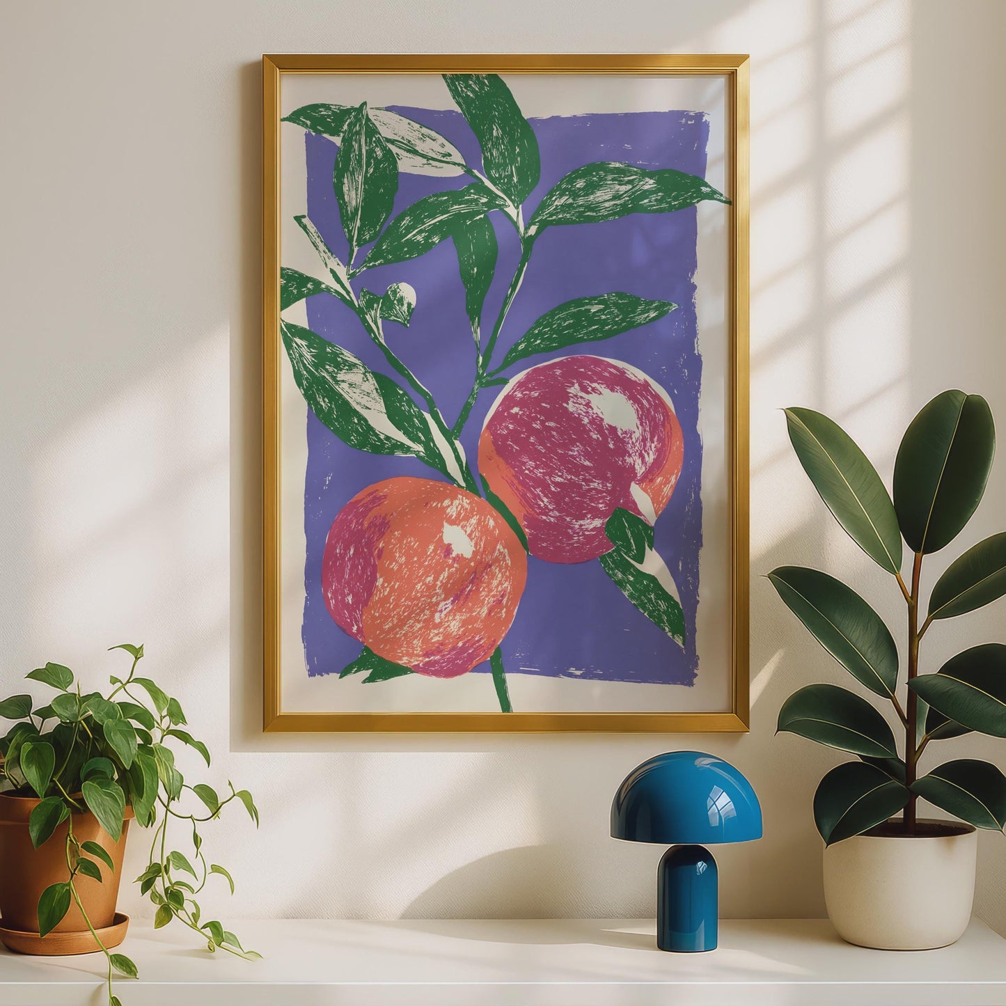 Peach Fruit Botanical Poster, Linocut Style Wall Art, Purple Green Kitchen Print