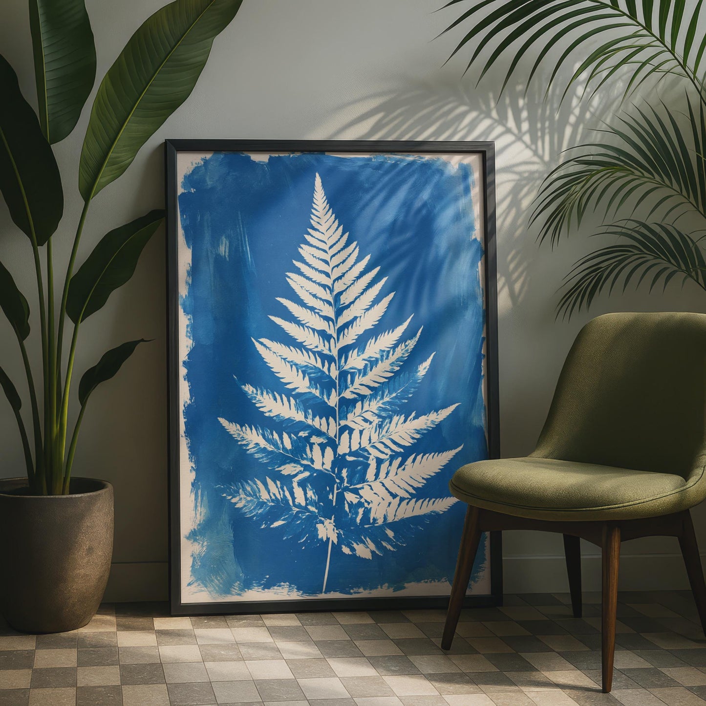 Botanical Fern Art Print, White Fern on Blue Background, Minimalist Wall Art, Nature Decor,