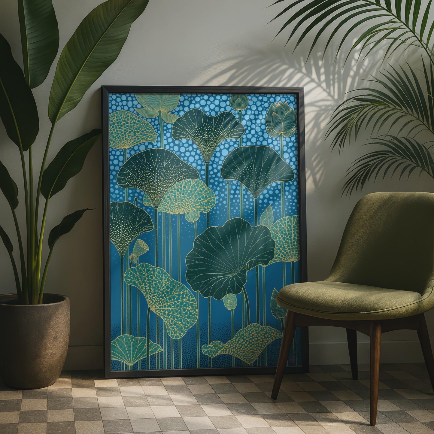 Elegant Lotus Flower Art Print, Lotus Leaves Wall Decor, Botanical Ocean Blue Poster, Modern Nature
