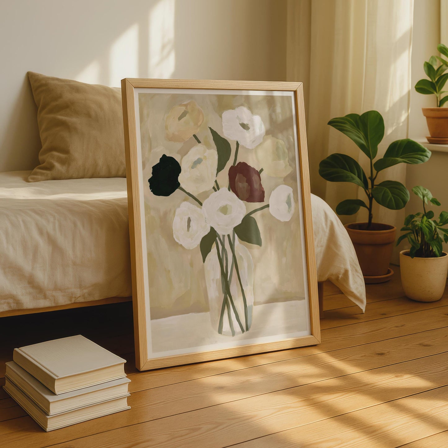 Elegant Floral Wall Art, Clear Vase with Neutral Flowers, Minimalist Canvas Print, Modern Home Decor