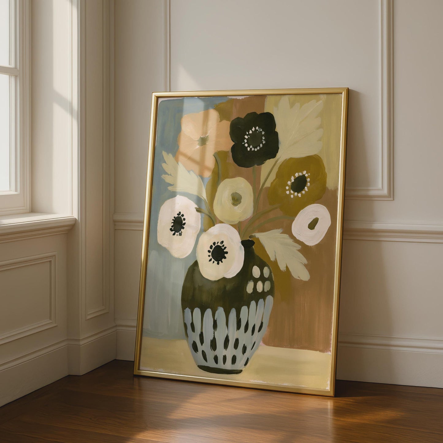 Botanical Wall Art, Brown Vase with Colourful Flowers, Modern Floral Print for Home Decor