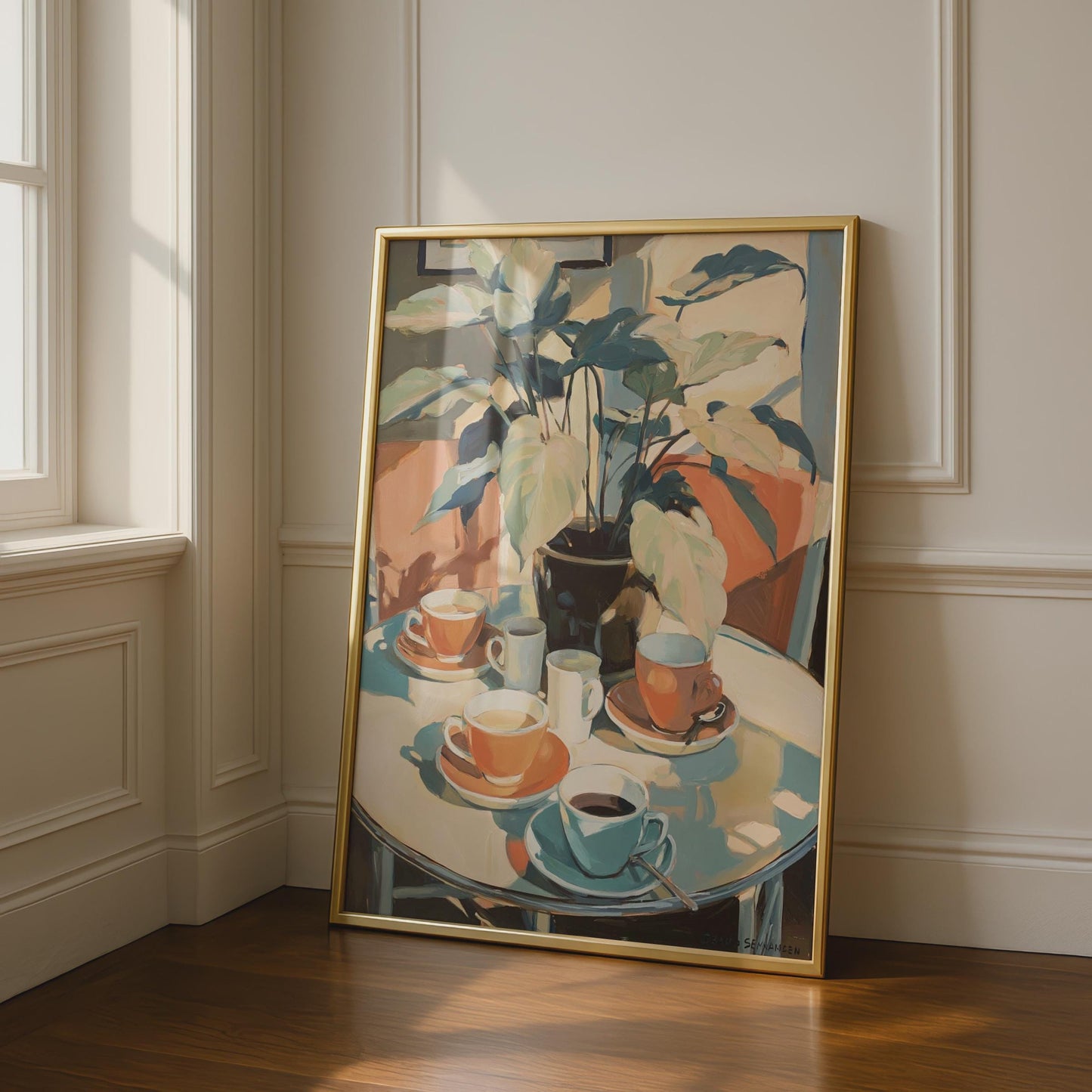 Coffee Table Still Life Art Print, Cafe Plant Poster, Terracotta Teal Wall Art, Kitchen Decor