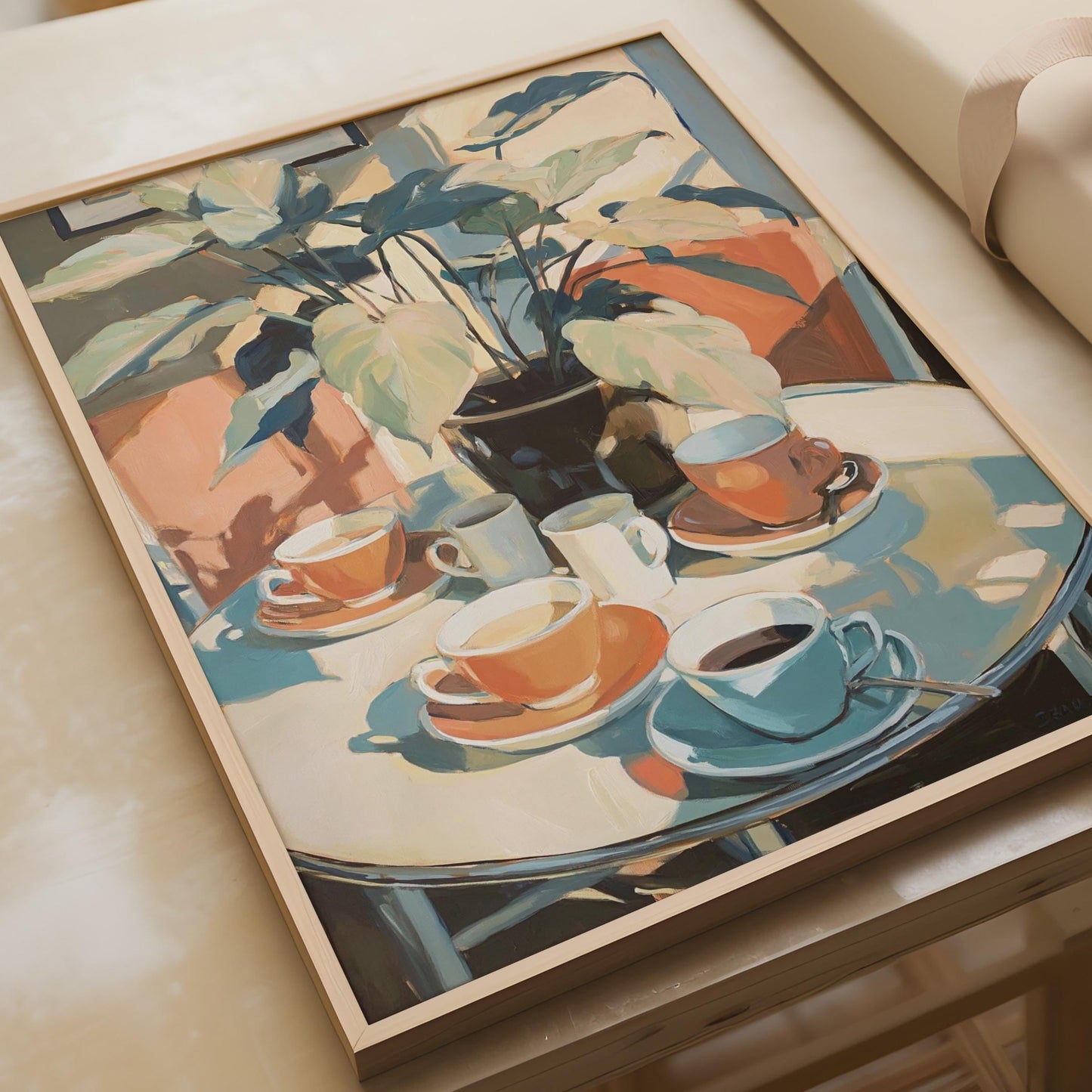 Coffee Table Still Life Art Print, Cafe Plant Poster, Terracotta Teal Wall Art, Kitchen Decor