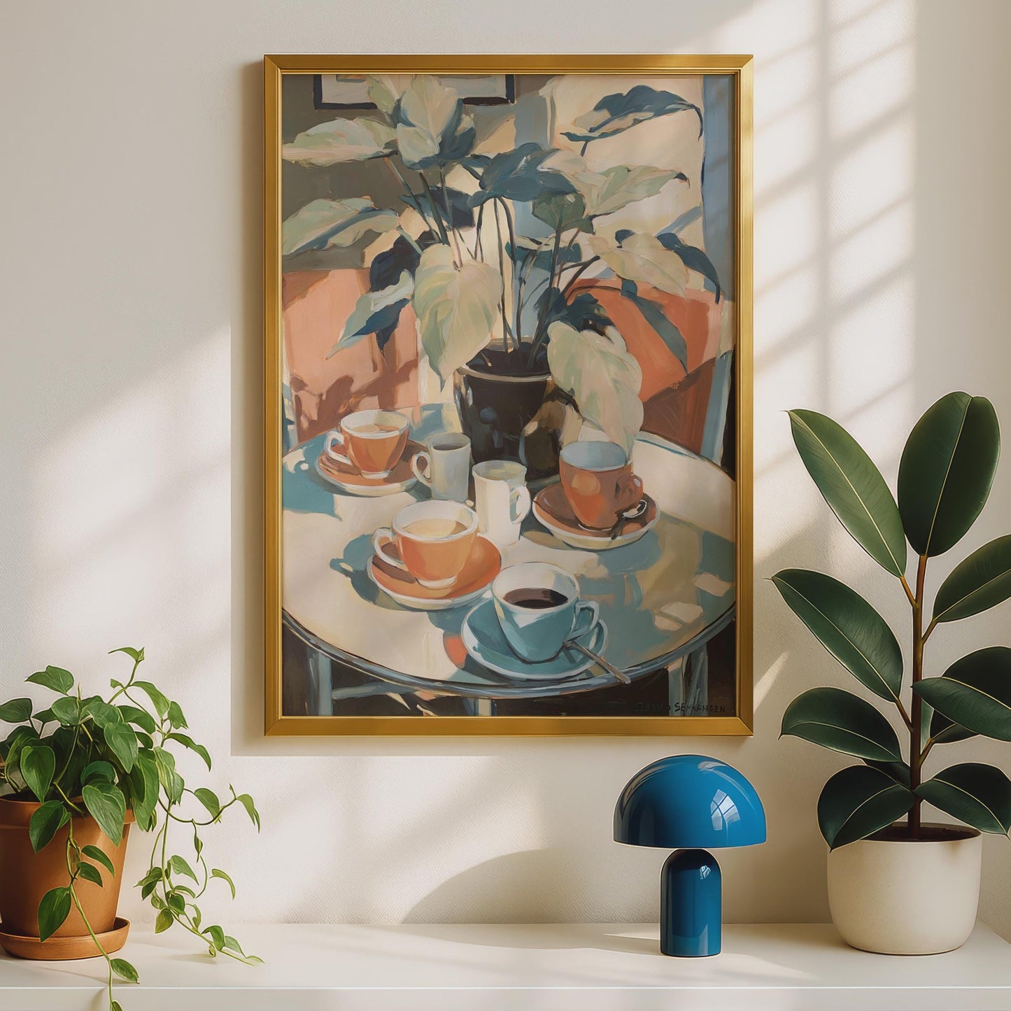 Coffee Table Still Life Art Print, Cafe Plant Poster, Terracotta Teal Wall Art, Kitchen Decor