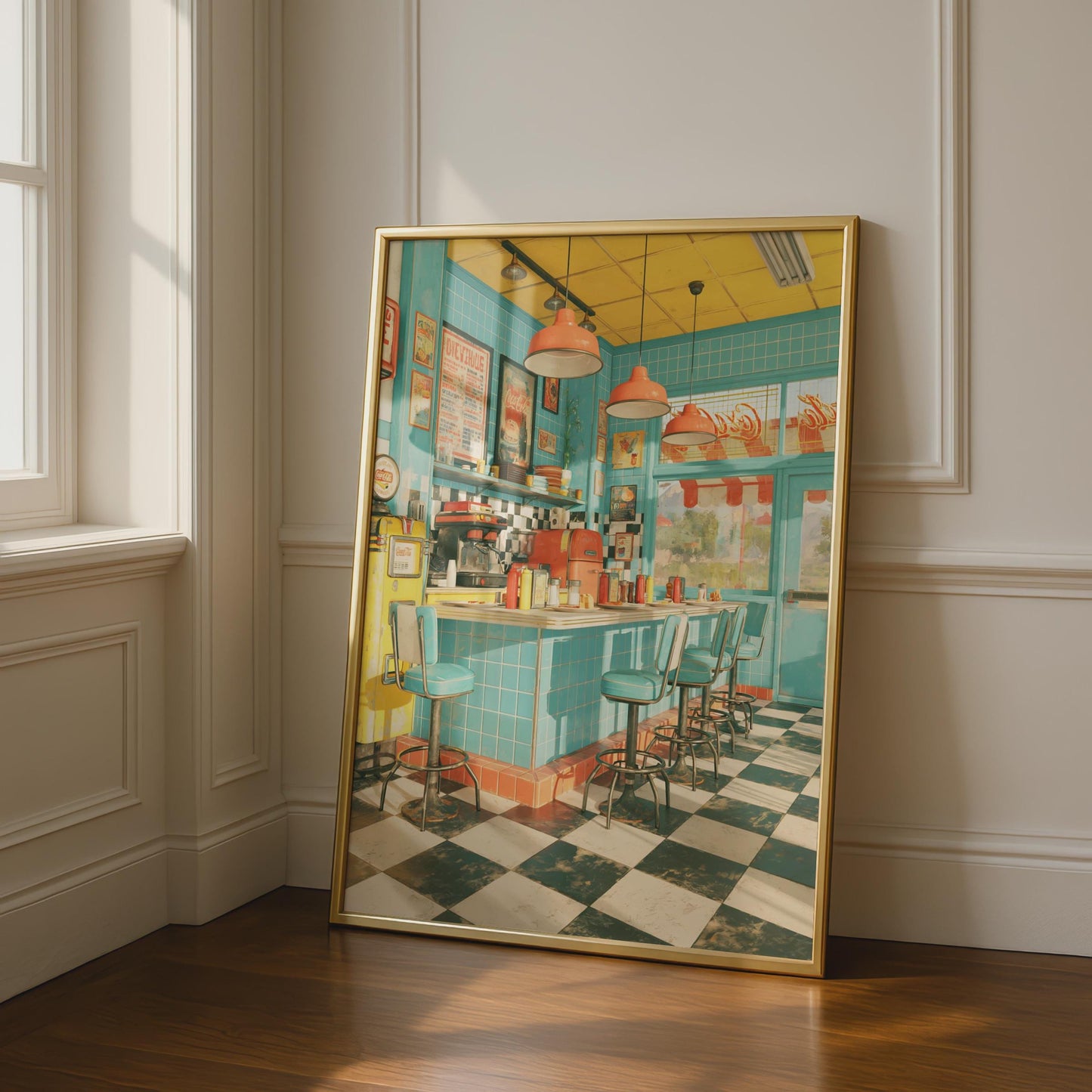 Retro American Diner Poster, 1950s Vintage Diner Wall Art, Teal Kitchen Print