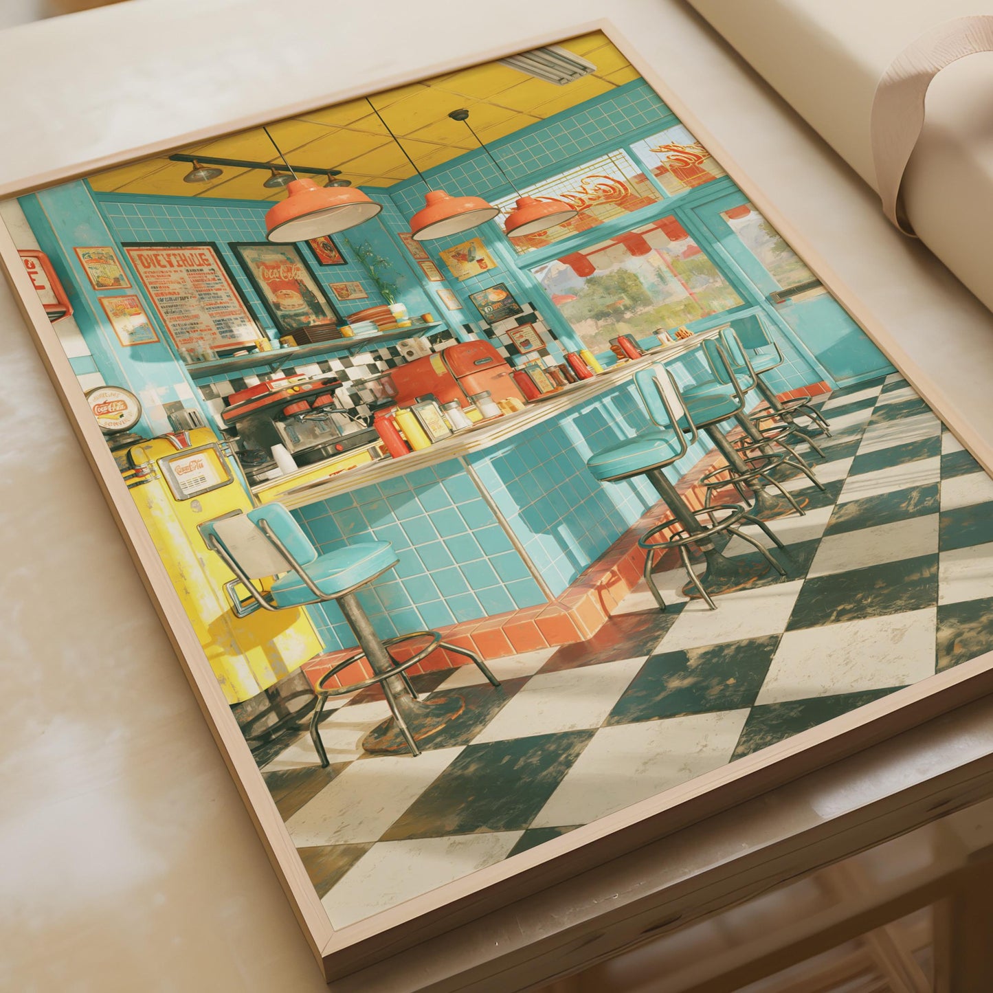 Retro American Diner Poster, 1950s Vintage Diner Wall Art, Teal Kitchen Print