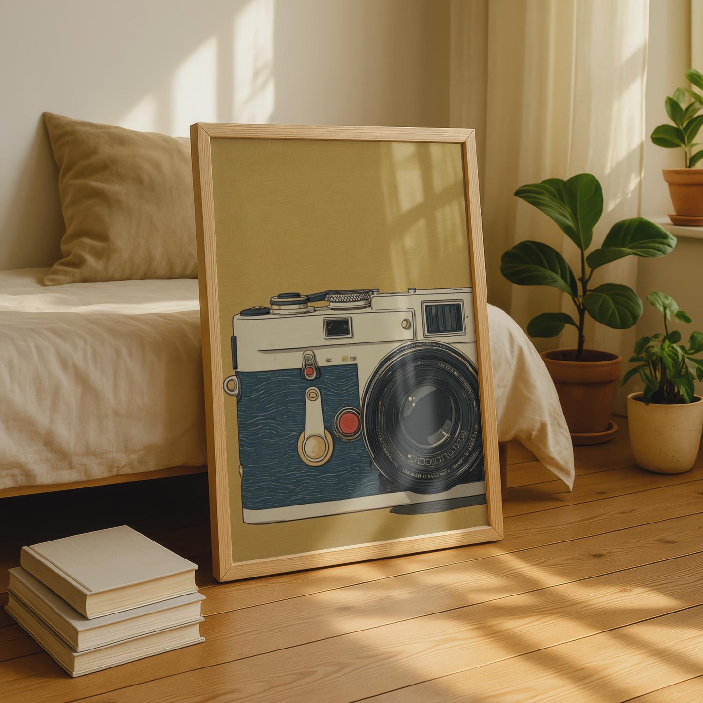 Vintage Camera Art Print, Retro Film Camera Poster, Photography Wall Art, Blue Gold