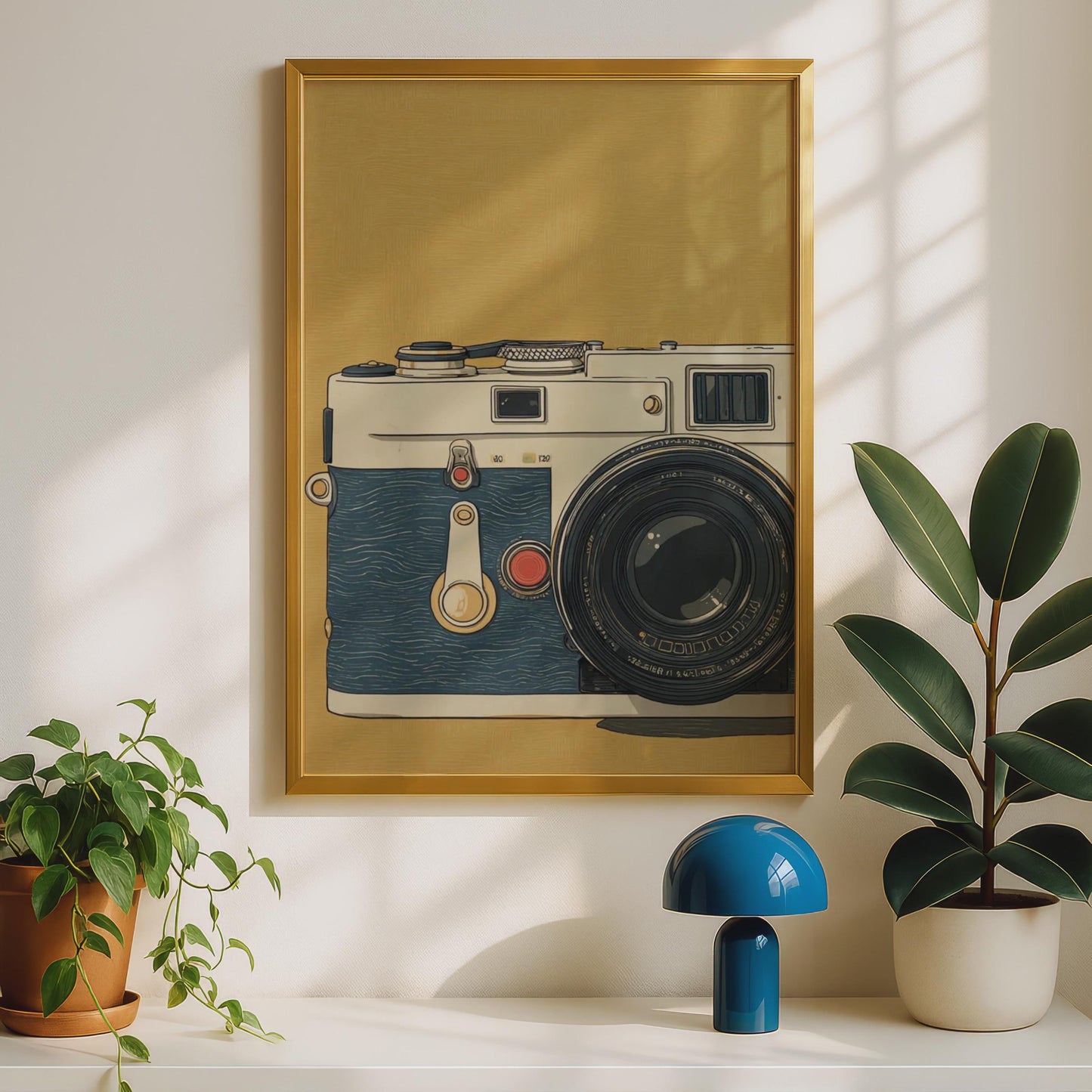 Vintage Camera Art Print, Retro Film Camera Poster, Photography Wall Art, Blue Gold