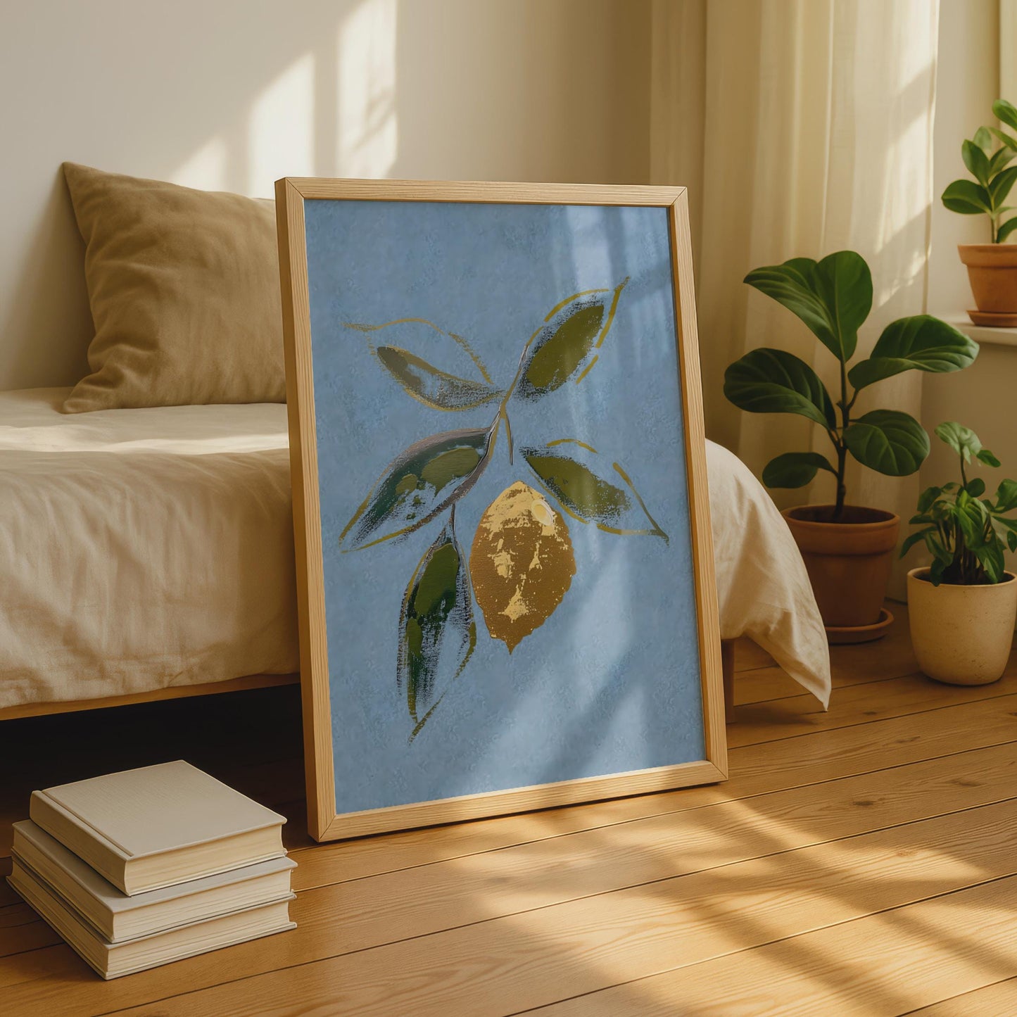 Gold Lemon Botanical Print, Blue and Olive Wall Art, Citrus Fruit Poster, Kitchen Decor