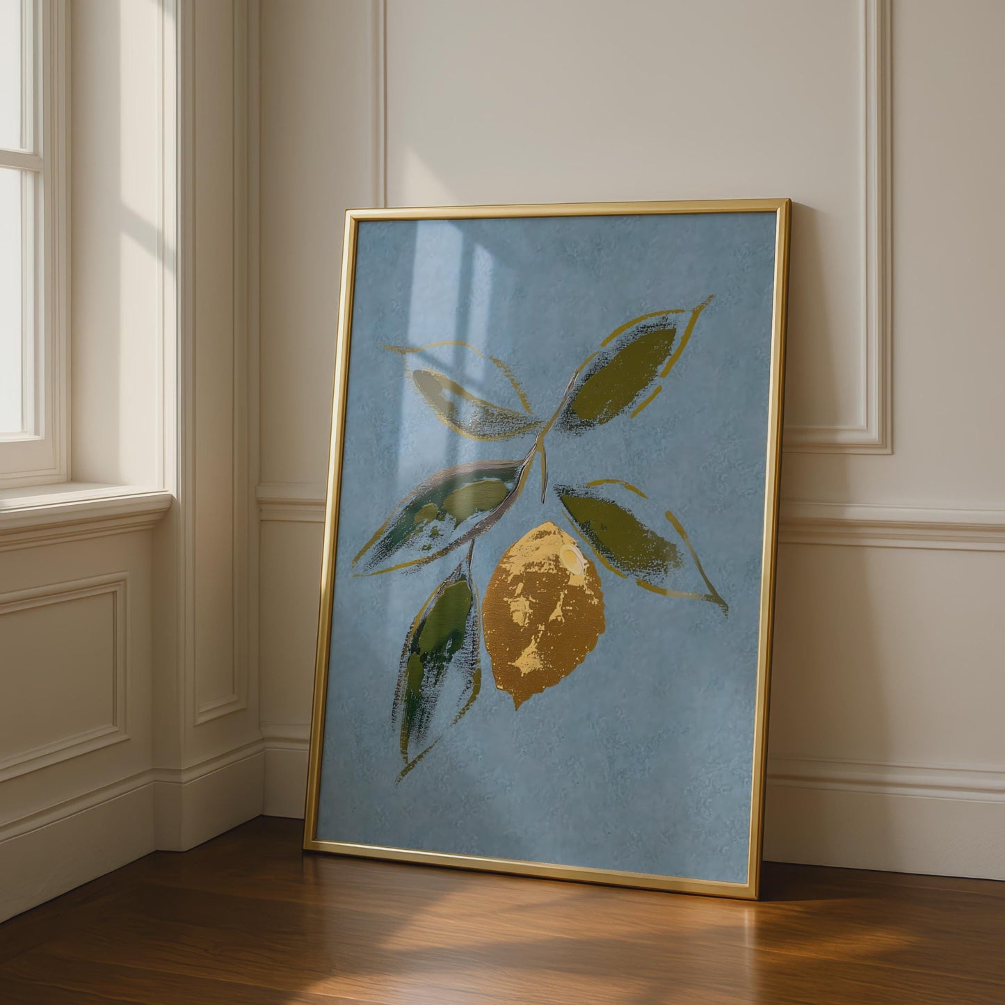 Gold Lemon Botanical Print, Blue and Olive Wall Art, Citrus Fruit Poster, Kitchen Decor