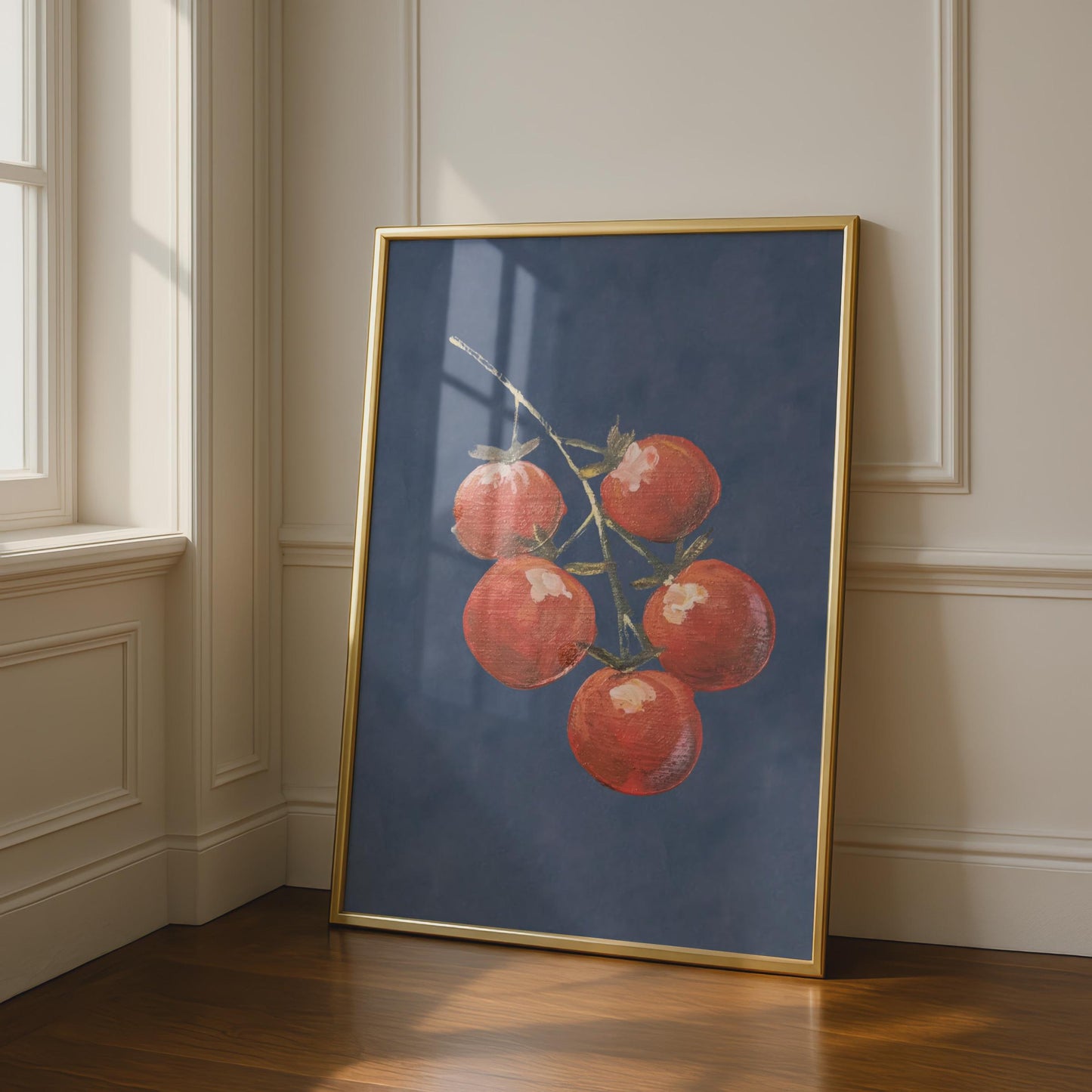 Cherry Tomatoes On The Vine Poster, Kitchen Wall Art, Red and Navy Blue Print