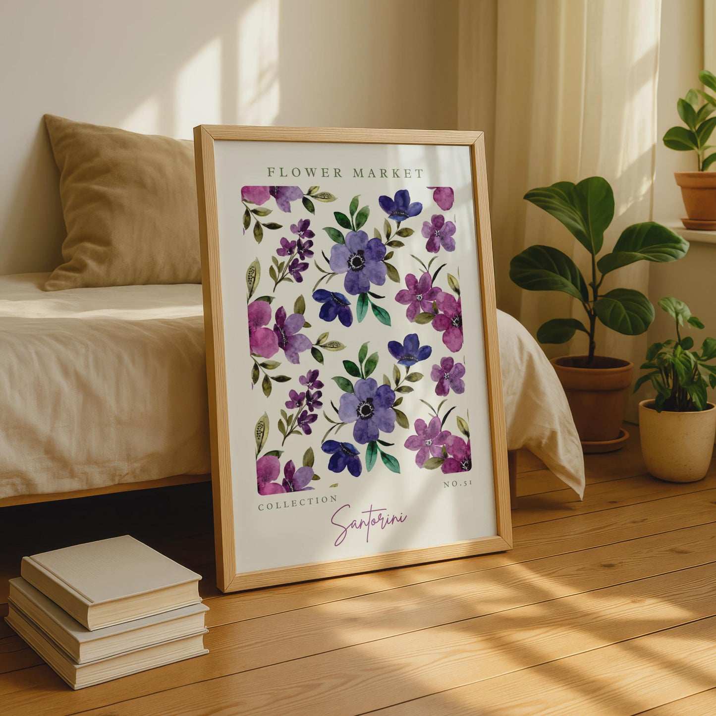 Santorini Flower Market Art Print, Floral Wall Art, Watercolour Flowers, Botanical Decor, Home
