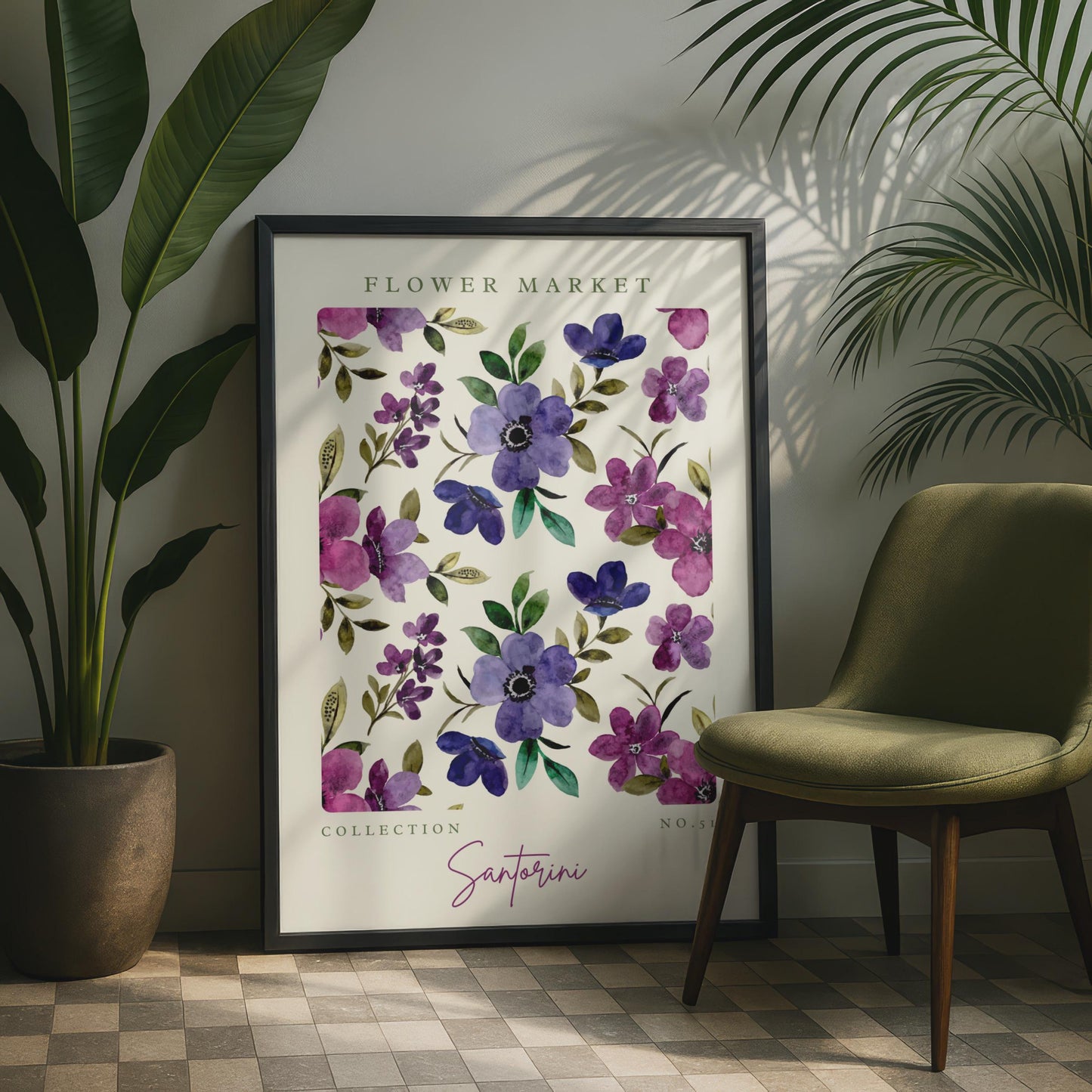 Santorini Flower Market Art Print, Floral Wall Art, Watercolour Flowers, Botanical Decor, Home