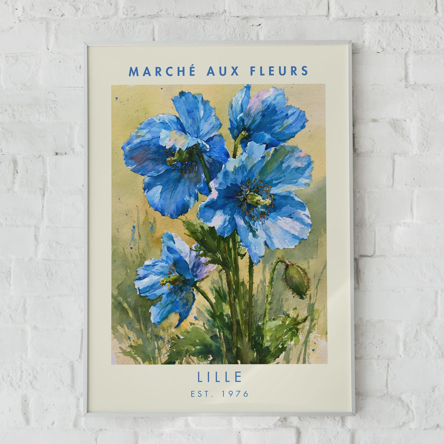 Blue Flower Art Print, Marche Aux Fleurs Poster, Lille Watercolour Floral Decor