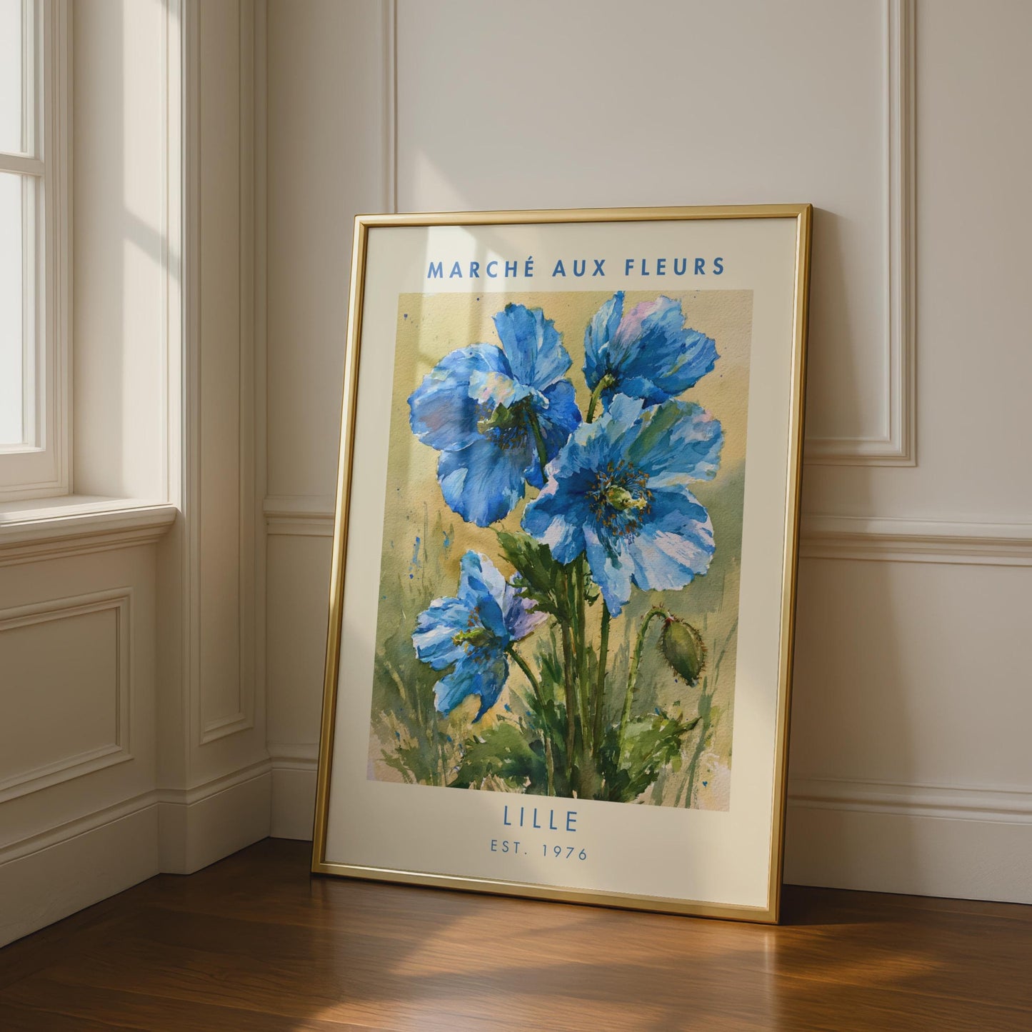 Blue Flower Art Print, Marche Aux Fleurs Poster, Lille Watercolour Floral Decor