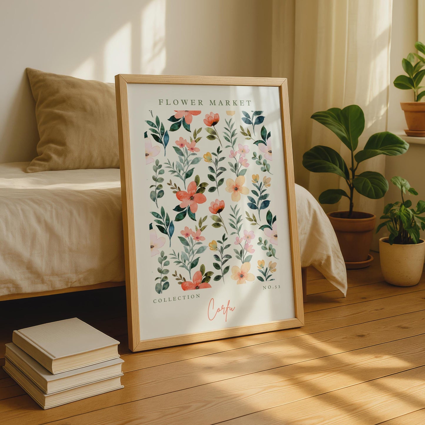 Corfu Flower Market Art Print, Watercolour Floral Poster, Botanical Wall Art, Home Decor