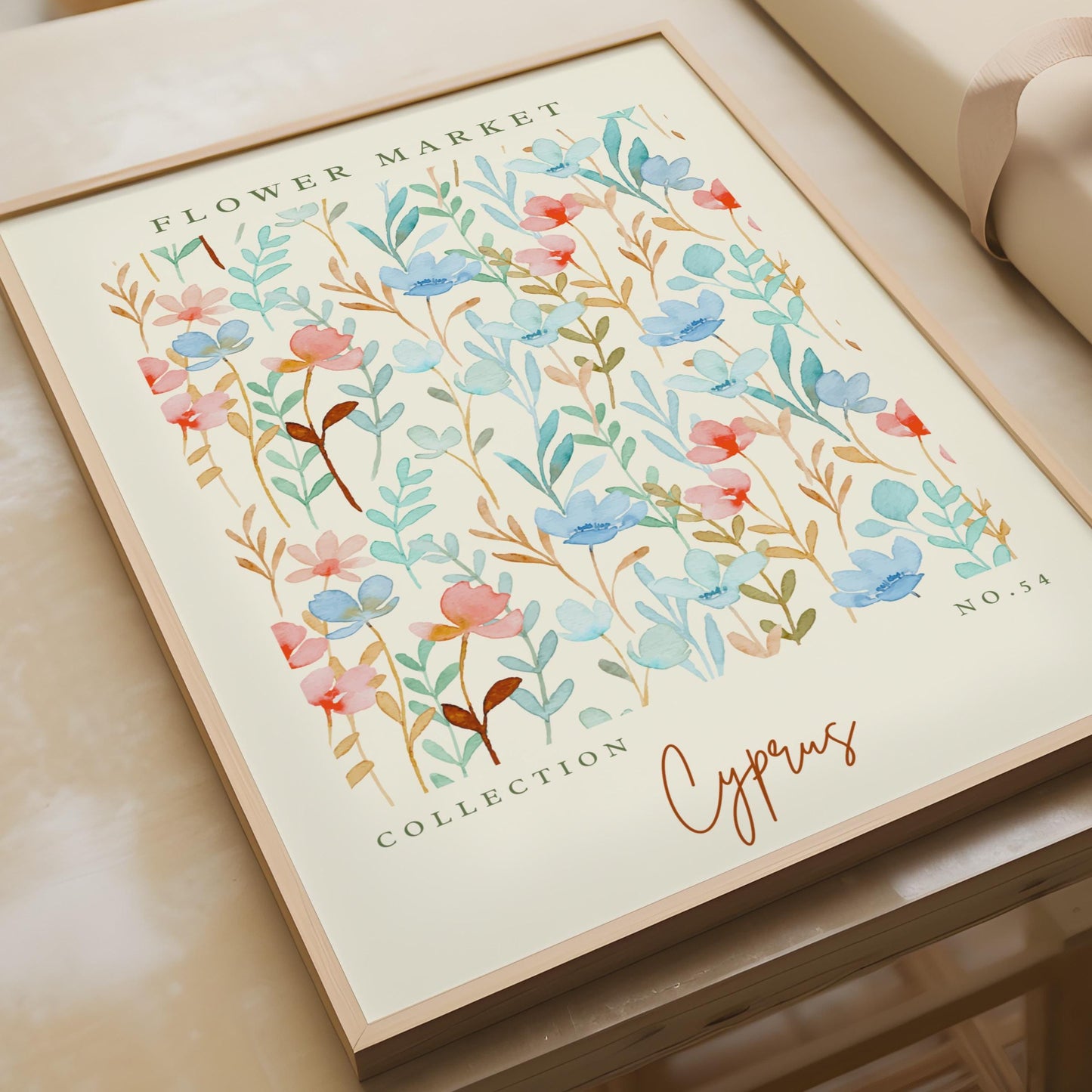Watercolour Flower Market Art Print, Floral Poster from Cyprus, Botanical Decor, Colourful Wall