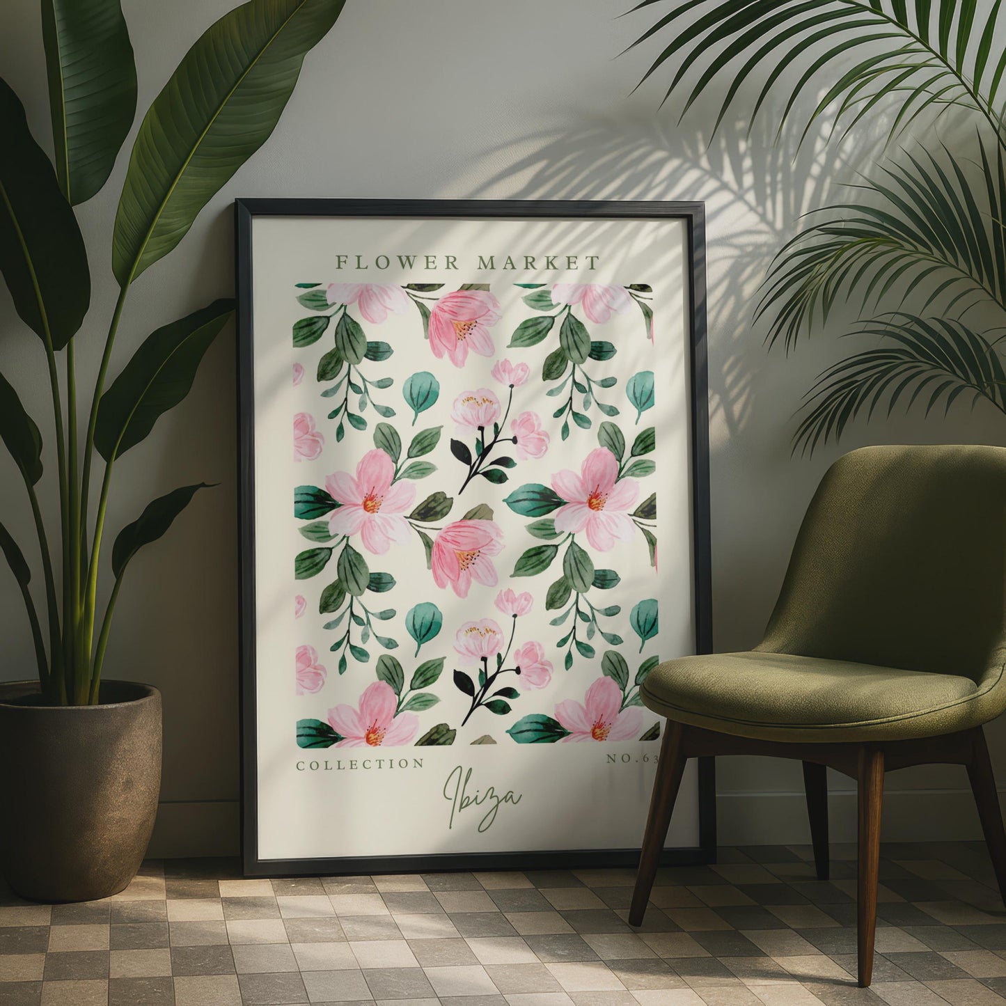 Ibiza Flower Market Art Print, Floral Wall Decor, Pink Blossom Poster, Botanical Artwork