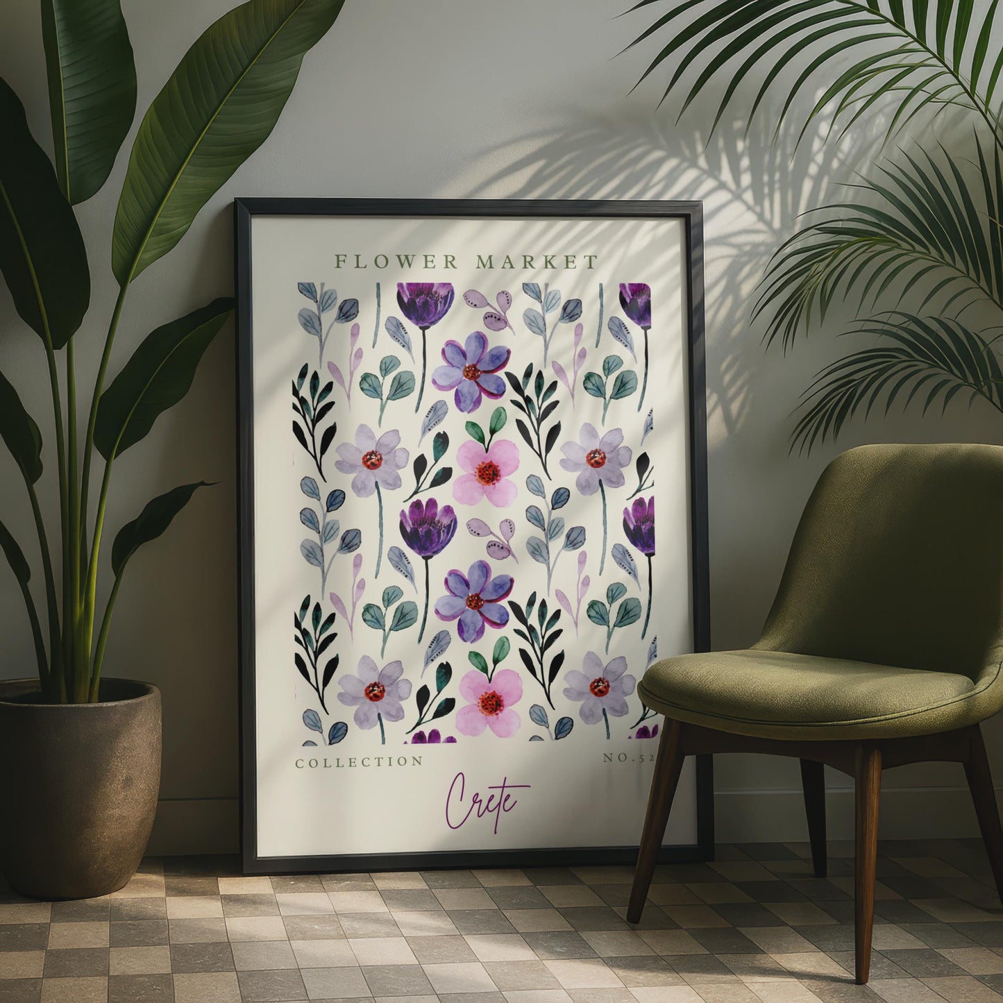 Floral Watercolour Art Print, Flower Market Collection, Crete Wall Decor, Home Art
