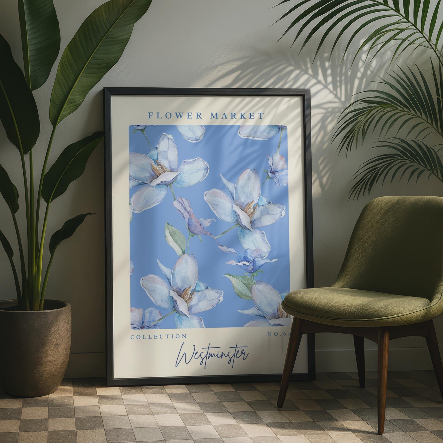 Beautiful Blue Floral Wall Art, Flower Market Collection No. 61, Westminster Artwork, Botanical