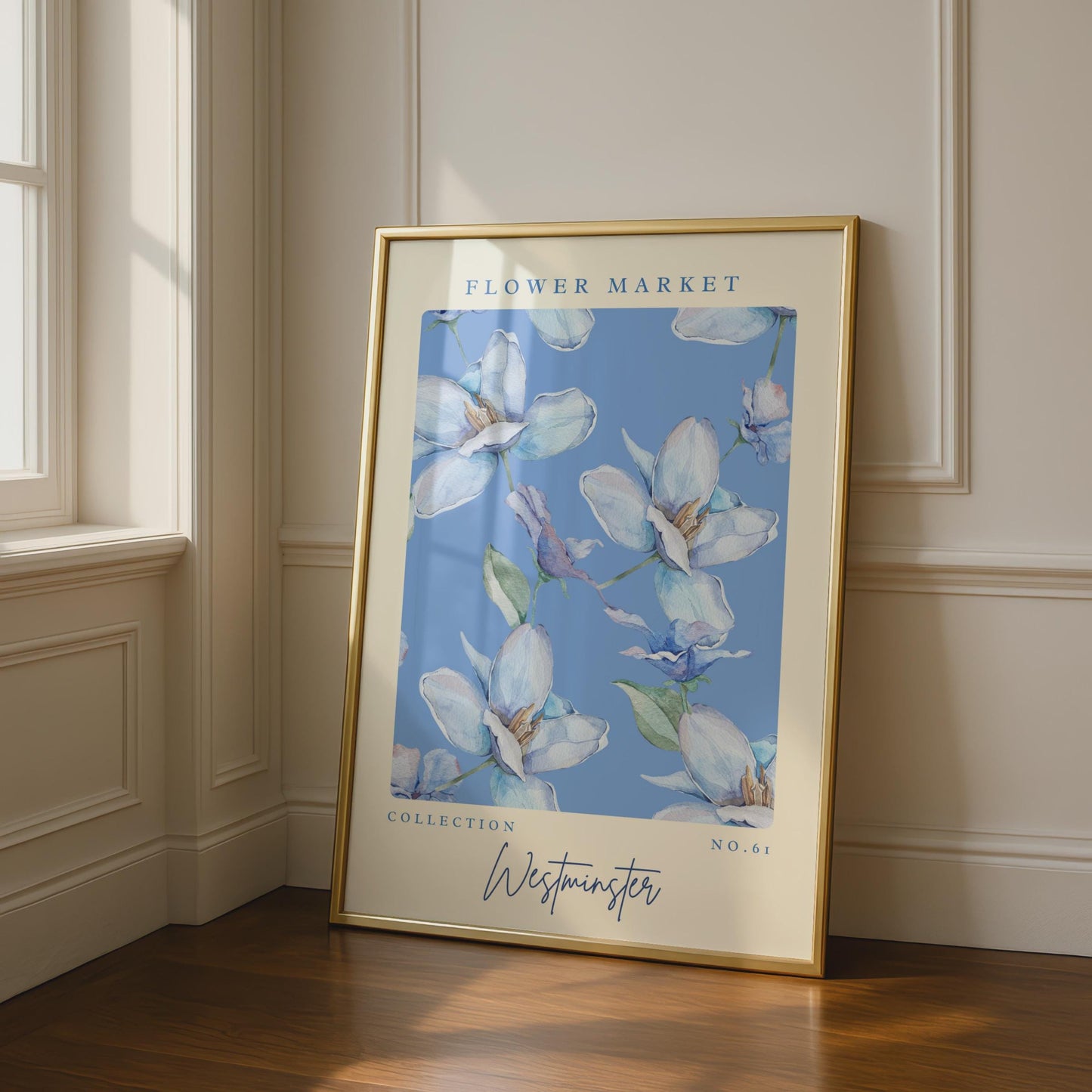 Beautiful Blue Floral Wall Art, Flower Market Collection No. 61, Westminster Artwork, Botanical