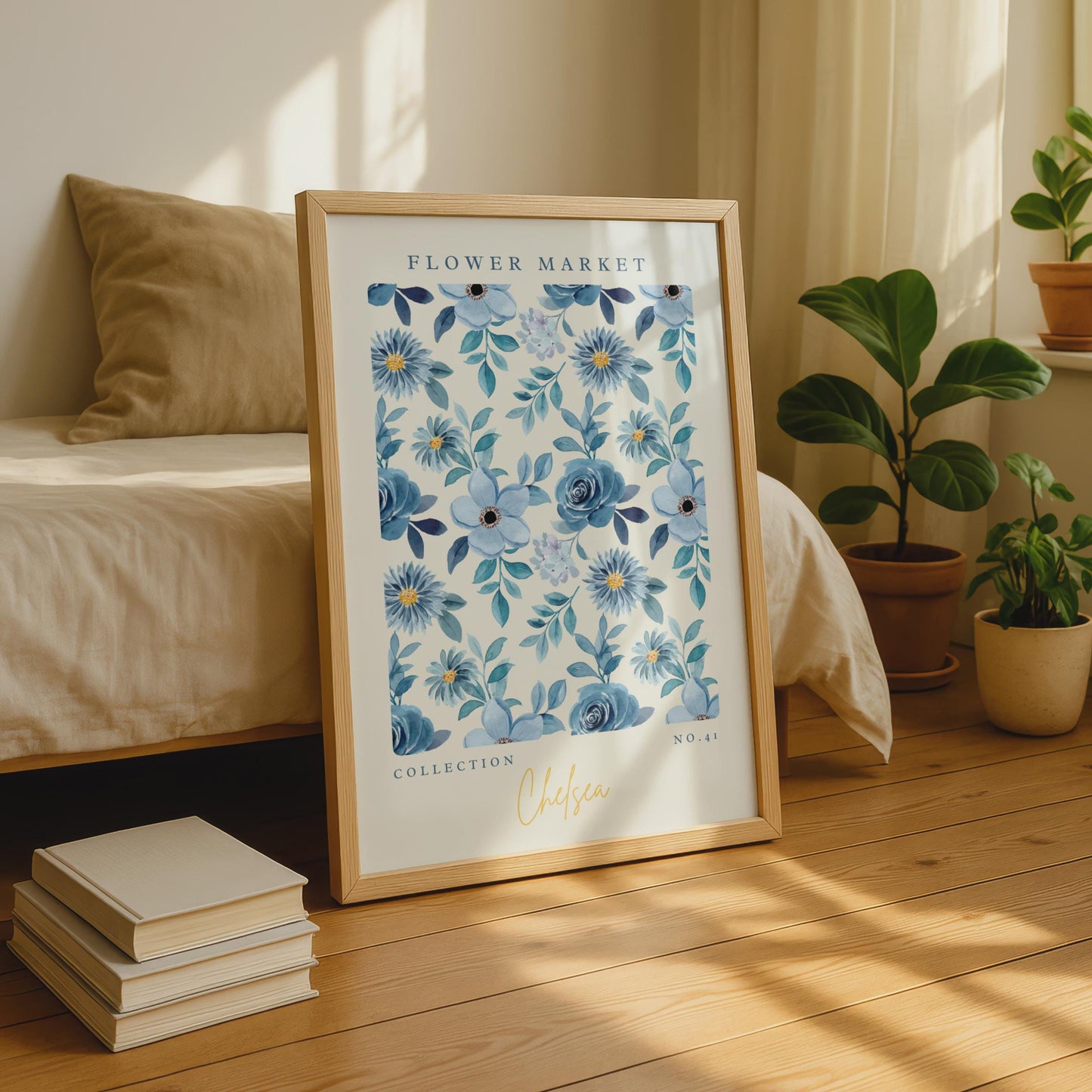 Elegant Blue Floral Wall Art, Flower Market Print, Botanical Decor, Modern Home Art, Chelsea