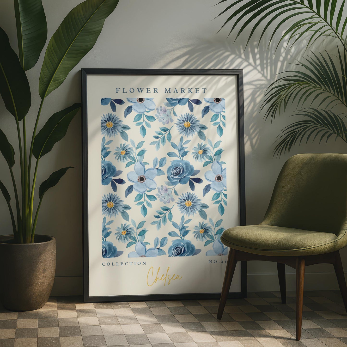 Elegant Blue Floral Wall Art, Flower Market Print, Botanical Decor, Modern Home Art, Chelsea