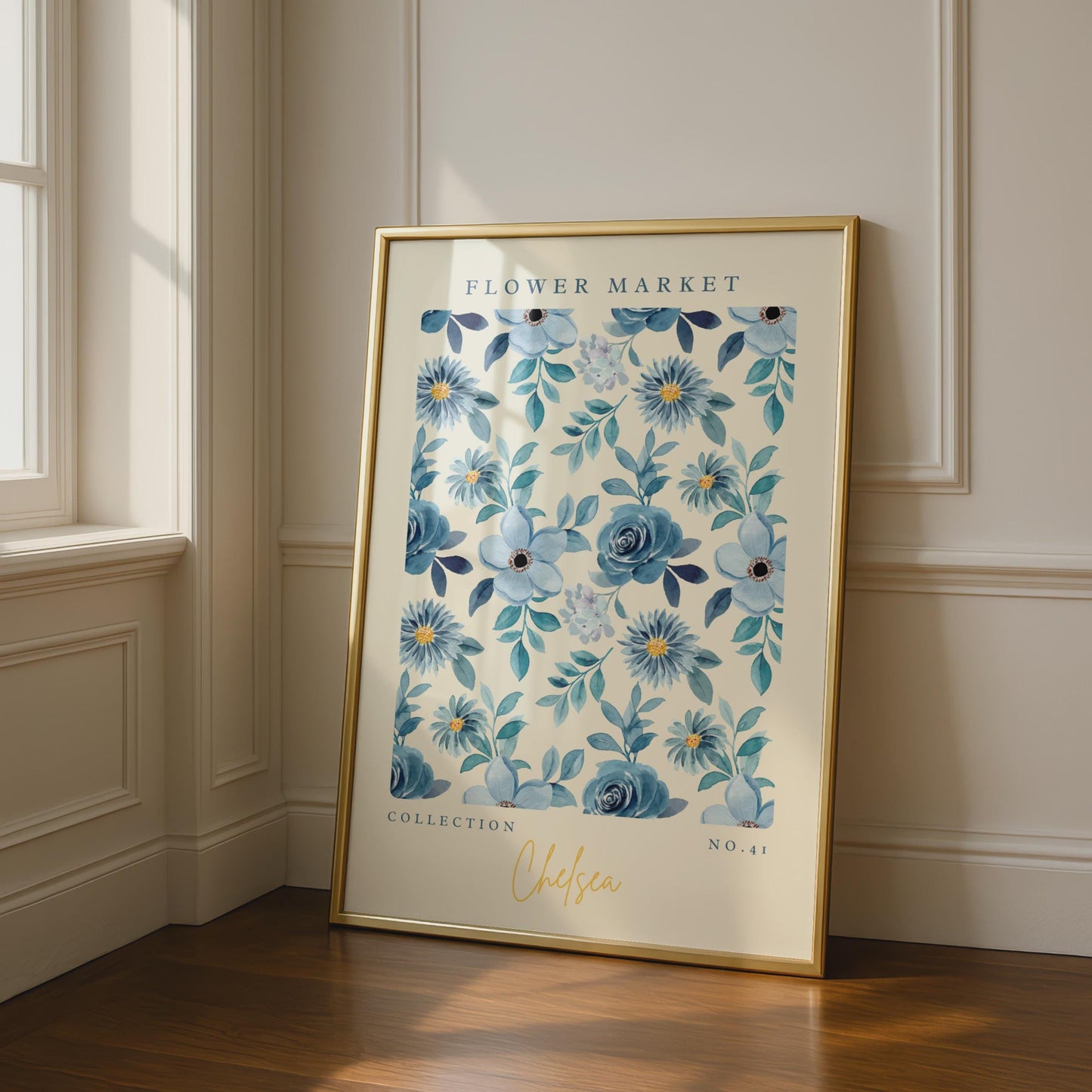 Elegant Blue Floral Wall Art, Flower Market Print, Botanical Decor, Modern Home Art, Chelsea