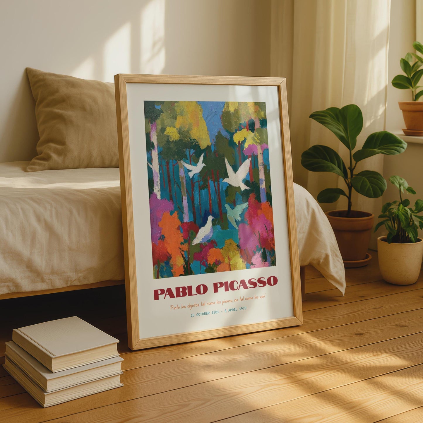 Pablo Picasso Art Print, Colourful Forest, White Birds, Abstract Nature Poster, Modern Wall Art