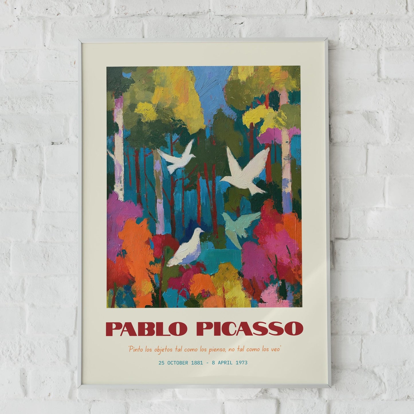 Pablo Picasso Art Print, Colourful Forest, White Birds, Abstract Nature Poster, Modern Wall Art