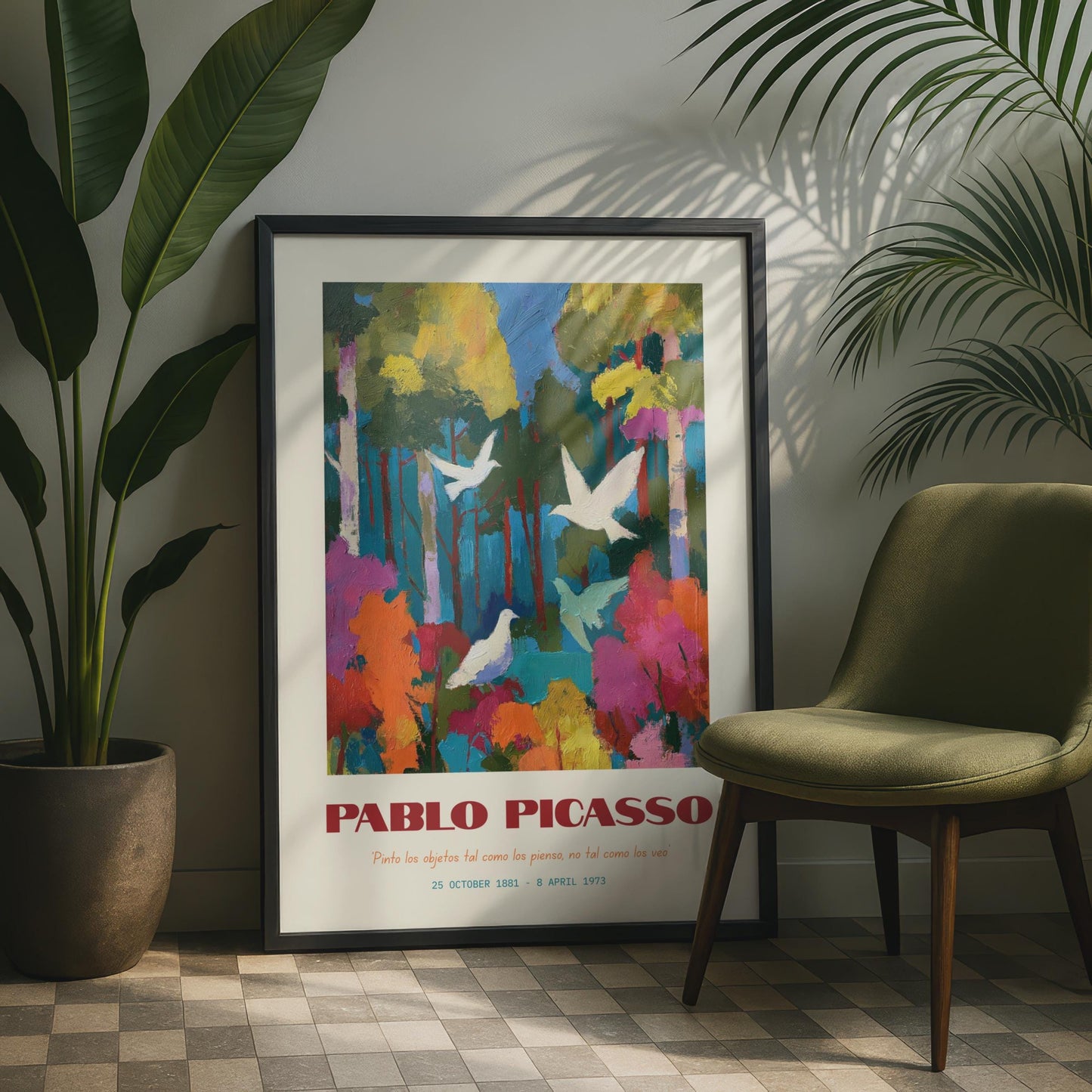 Pablo Picasso Art Print, Colourful Forest, White Birds, Abstract Nature Poster, Modern Wall Art