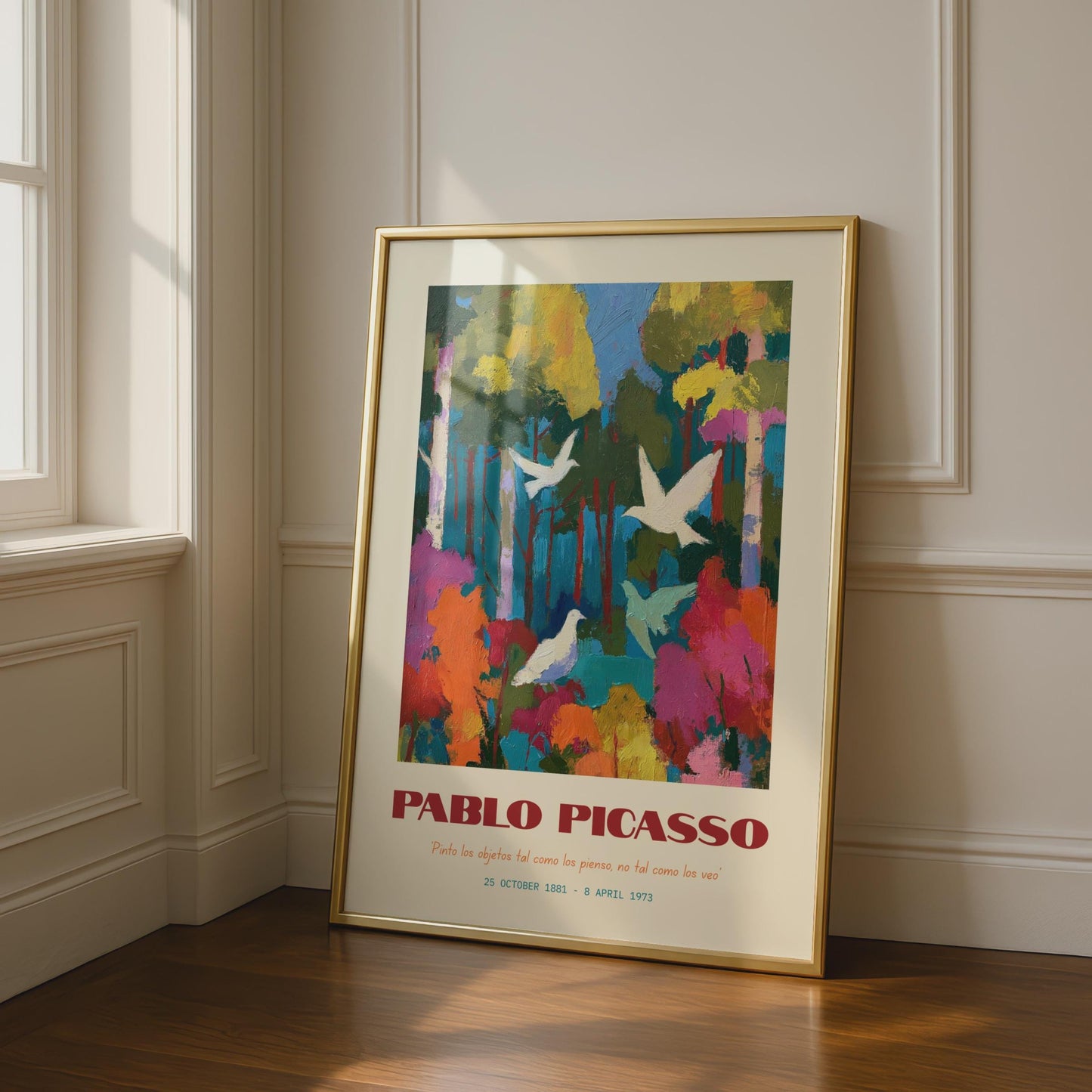 Pablo Picasso Art Print, Colourful Forest, White Birds, Abstract Nature Poster, Modern Wall Art