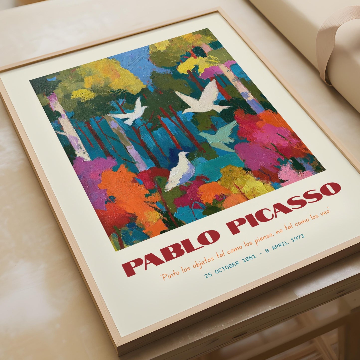 Pablo Picasso Art Print, Colourful Forest, White Birds, Abstract Nature Poster, Modern Wall Art