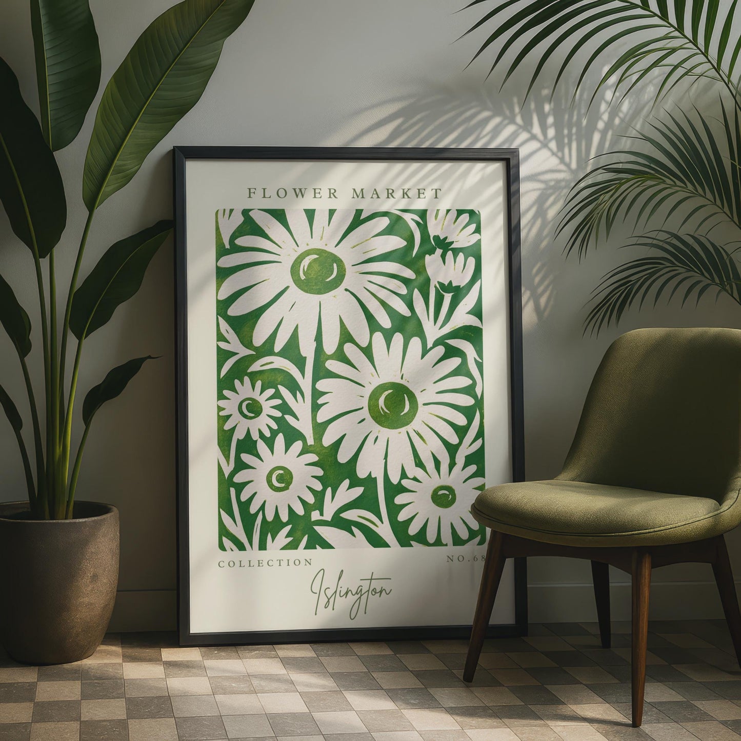 Flower Market Art Print, Islington Floral Poster, Green Botanicals, Botanical Wall Art, Modern Home