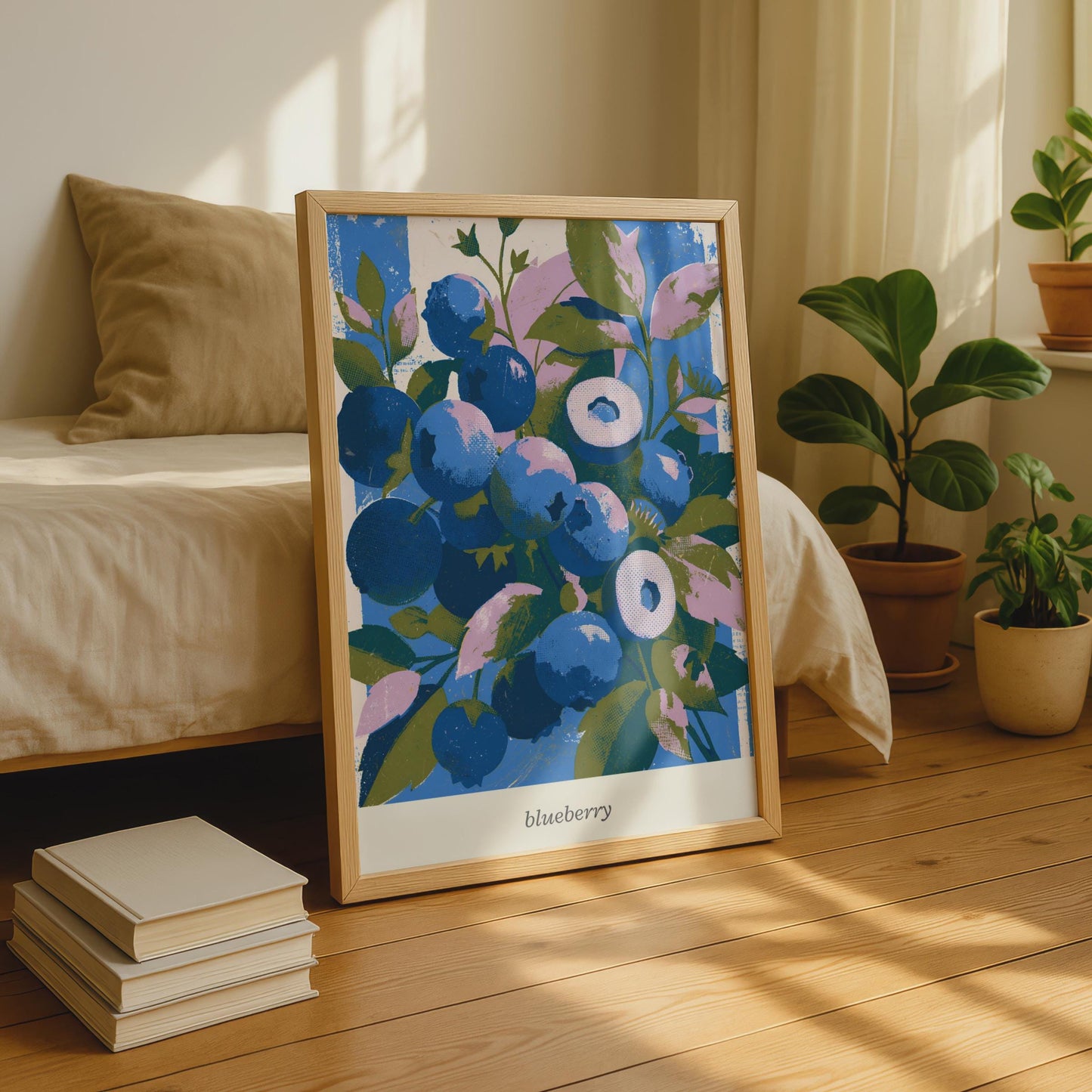 Vibrant Blueberry Wall Art, Colourful Fruit Print, Botanical Poster, Blue and Green Decor