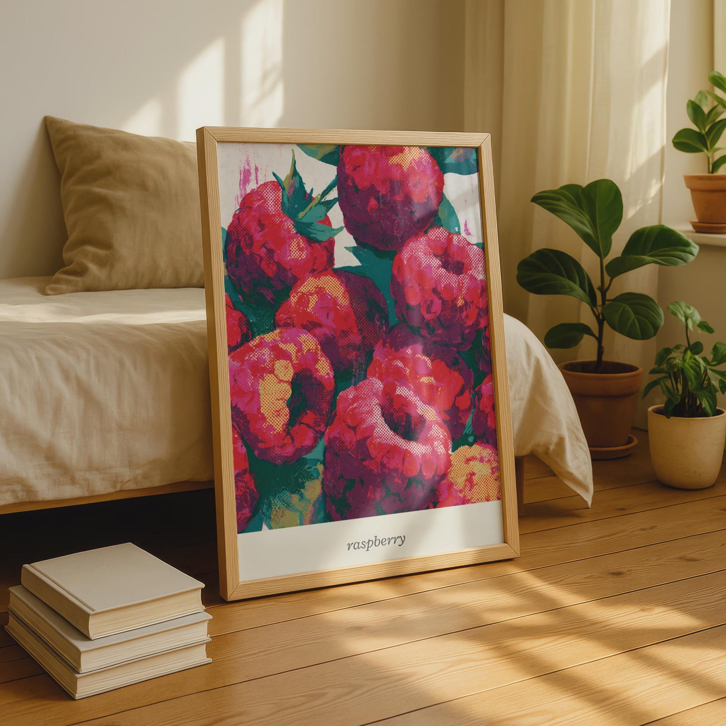 Vibrant Raspberry Print, Colourful Raspberries Wall Art, Graphic Fruit Poster, Kitchen Decor