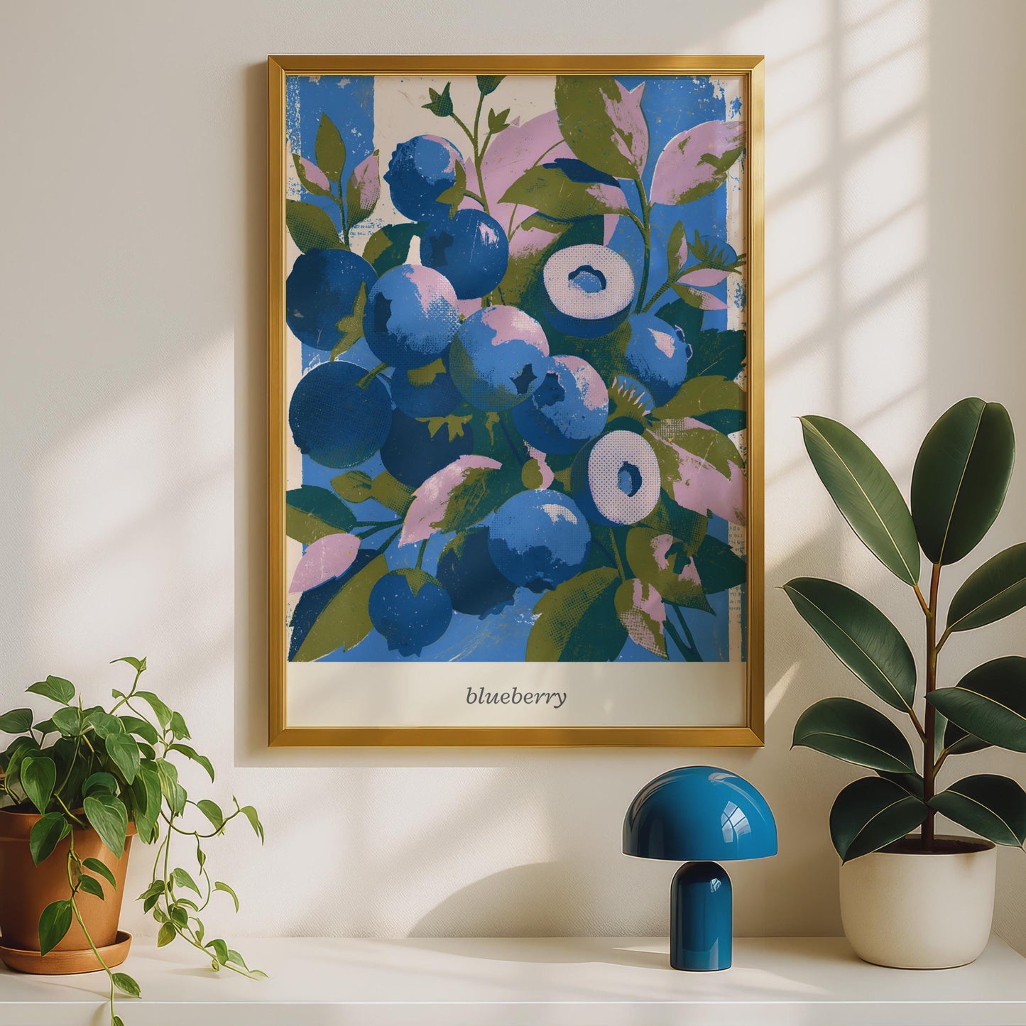 Vibrant Blueberry Wall Art, Colourful Fruit Print, Botanical Poster, Blue and Green Decor
