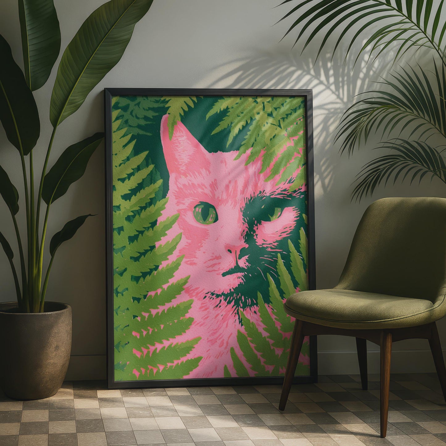 Pink Cat Portrait, Green Fern Wall Art, Bold Floral Print, Modern Animal Decor, Unique Home Artwork