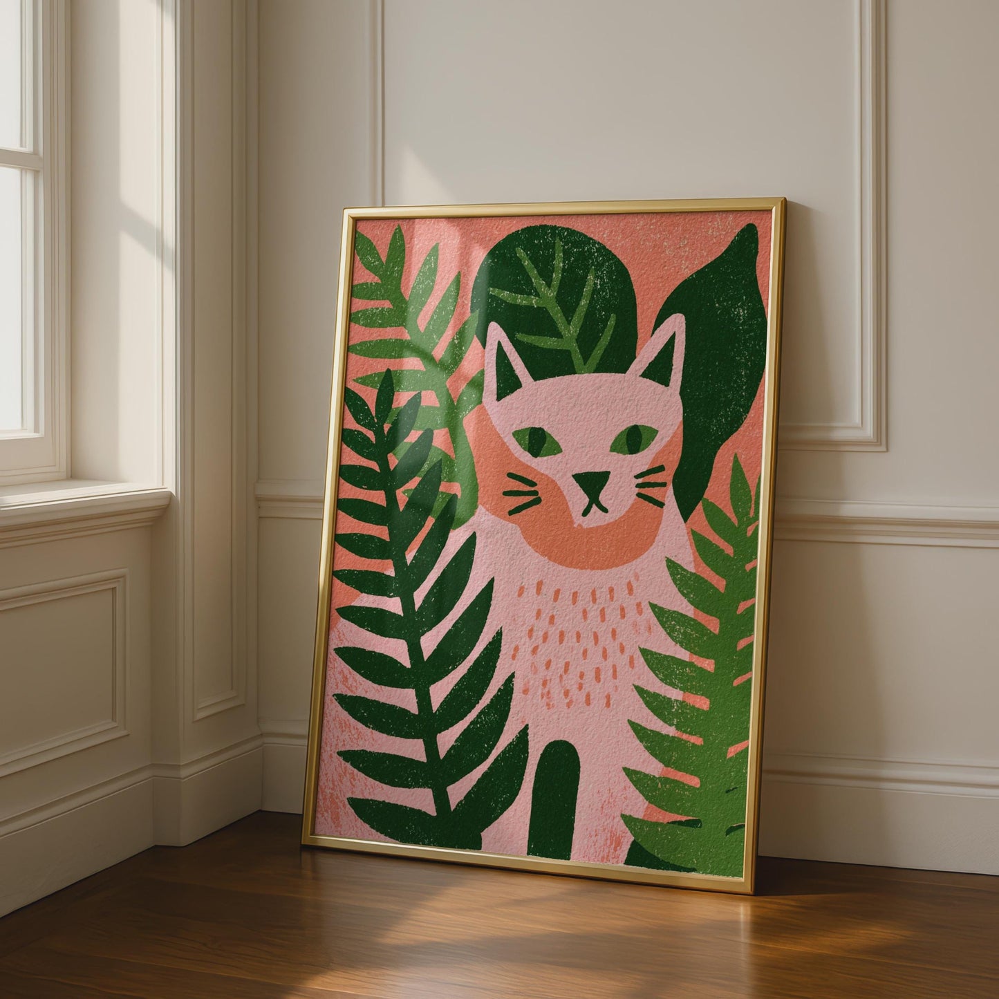 Whimsical Cat Art Print, Pink and Green Minimalist Poster, Tropical Animal Wall Art, Modern Home
