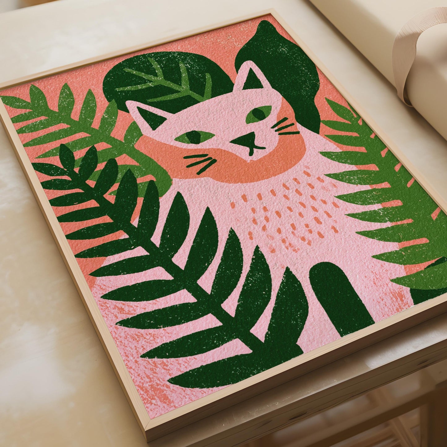 Whimsical Cat Art Print, Pink and Green Minimalist Poster, Tropical Animal Wall Art, Modern Home