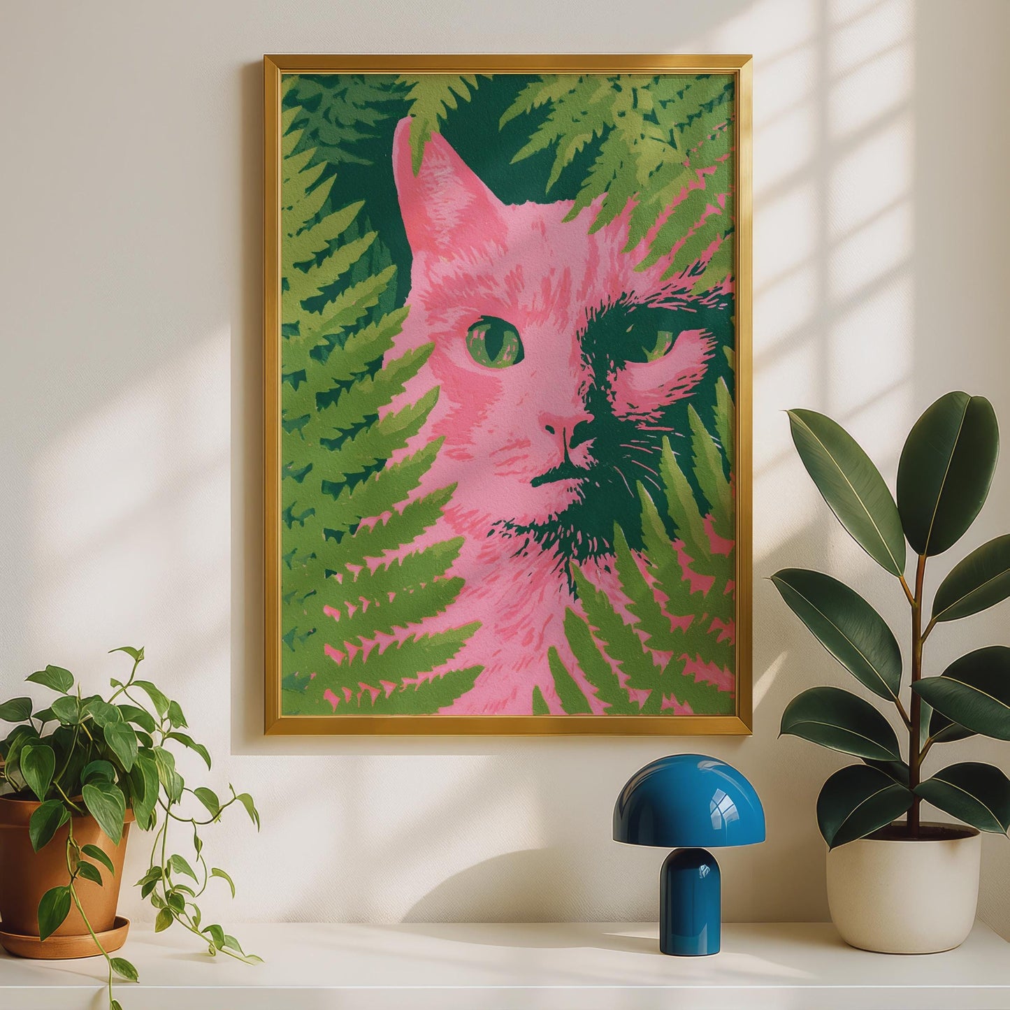 Pink Cat Portrait, Green Fern Wall Art, Bold Floral Print, Modern Animal Decor, Unique Home Artwork