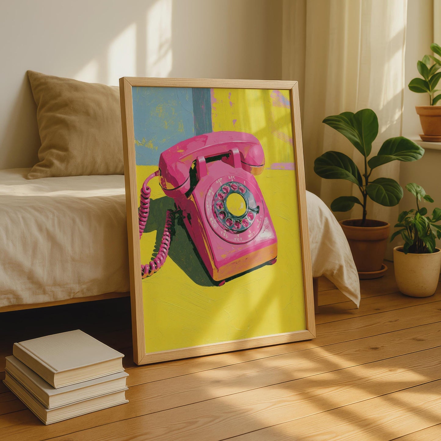 Pink Rotary Telephone Poster, Retro Pop Art Print, Bold Yellow Wall Art, 70s